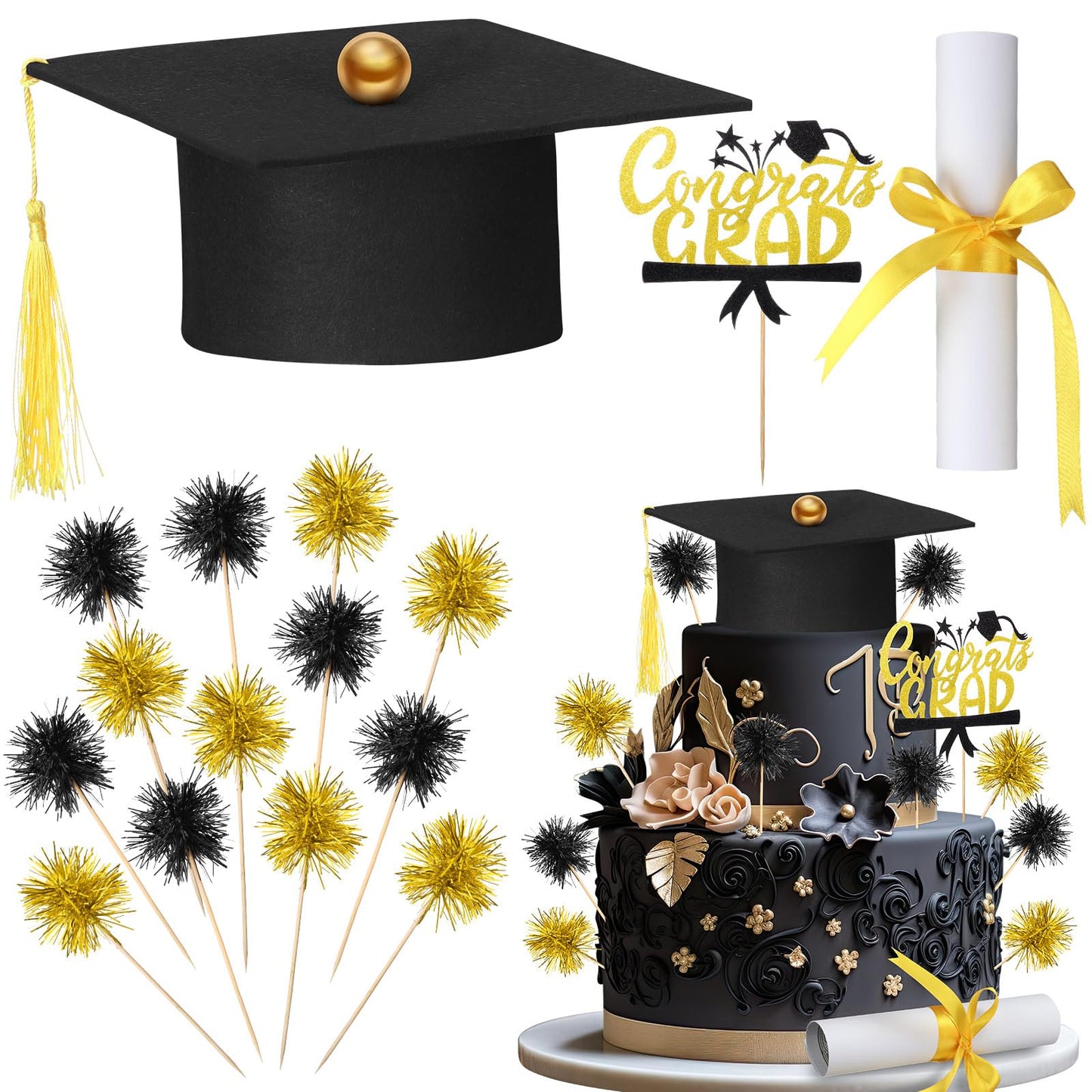 Ctosree 16 Pcs Graduation Cake Kit Graduation Cake Topper Included Felt Graduate Cap with Tassel Firework Cupcake Toppers Grads Cupcake Topper Diploma Decor for Wedding Graduate Party(Black Gold)