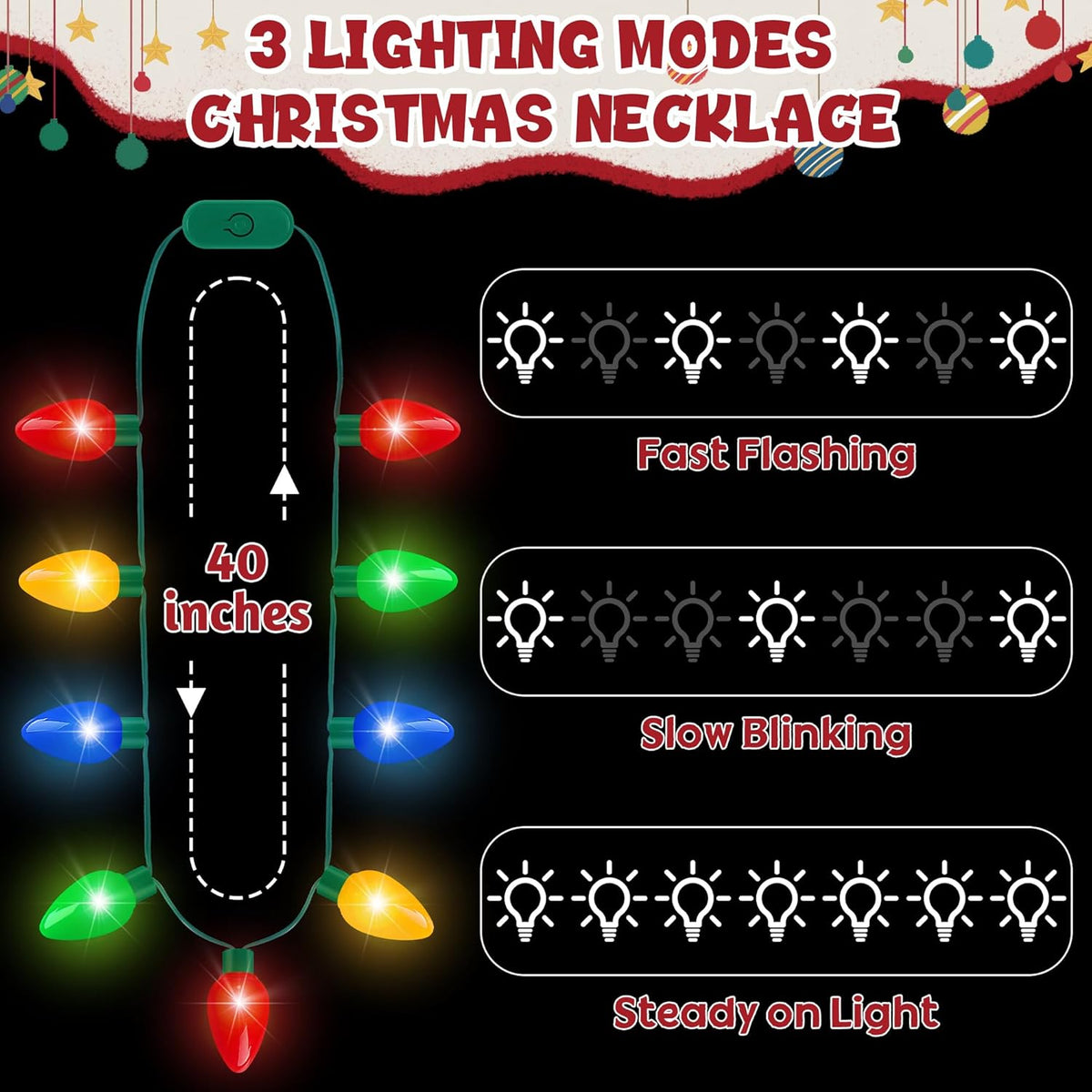 Blowata 24PCS Light up Christmas Necklace, 3 Glow Modes Christmas Party Favors, Ugly Sweater Lights Necklaces with 9 Bulbs, Xmas Accessories for New Year Decorations Party Holiday Gathering Decor