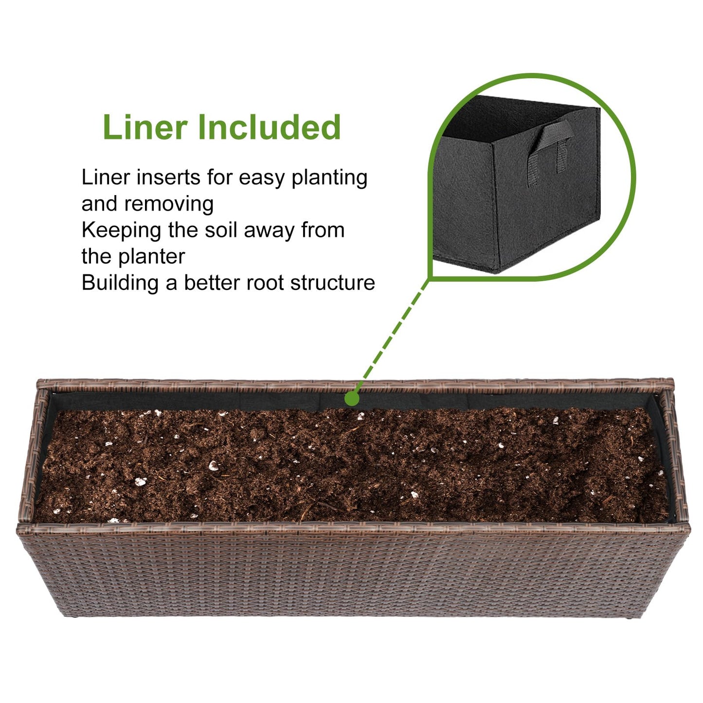 LEWIS&WAYNE Large Rectangular Block Planter Box Handmade Wicker Tall Planters for Outdoor Plants with Removable Liners Modern Planter for Indoor Outdoor Patio Deck - Brown, 36''x12''x16''