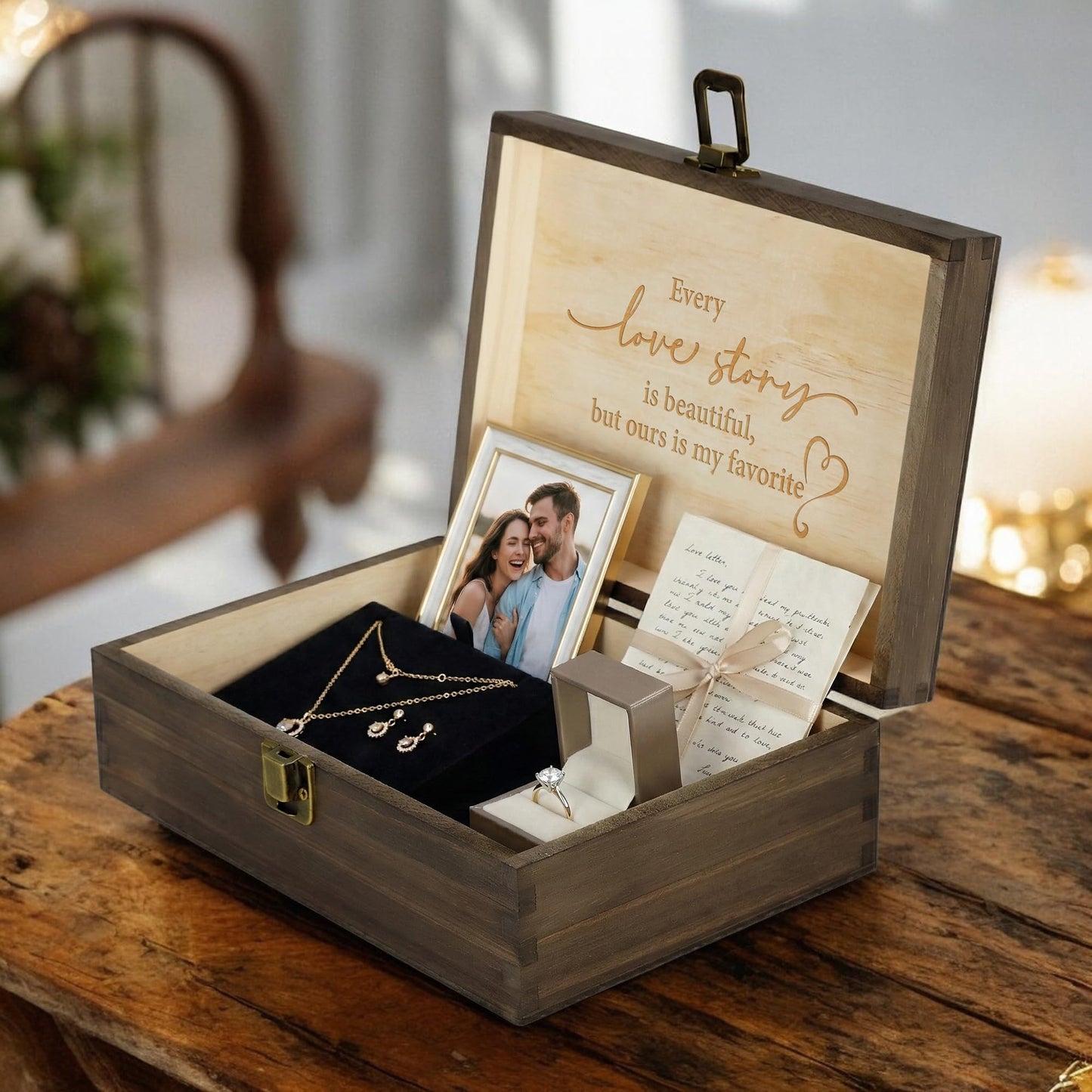 Rustic Wooden Memory Box – Medium Keepsake Storage Box with Double-Sided Engraving – “Forever & Always” Outside & “Every Love Story…” Inside – Personalized Gift for Couples, Wedding, Anniversary