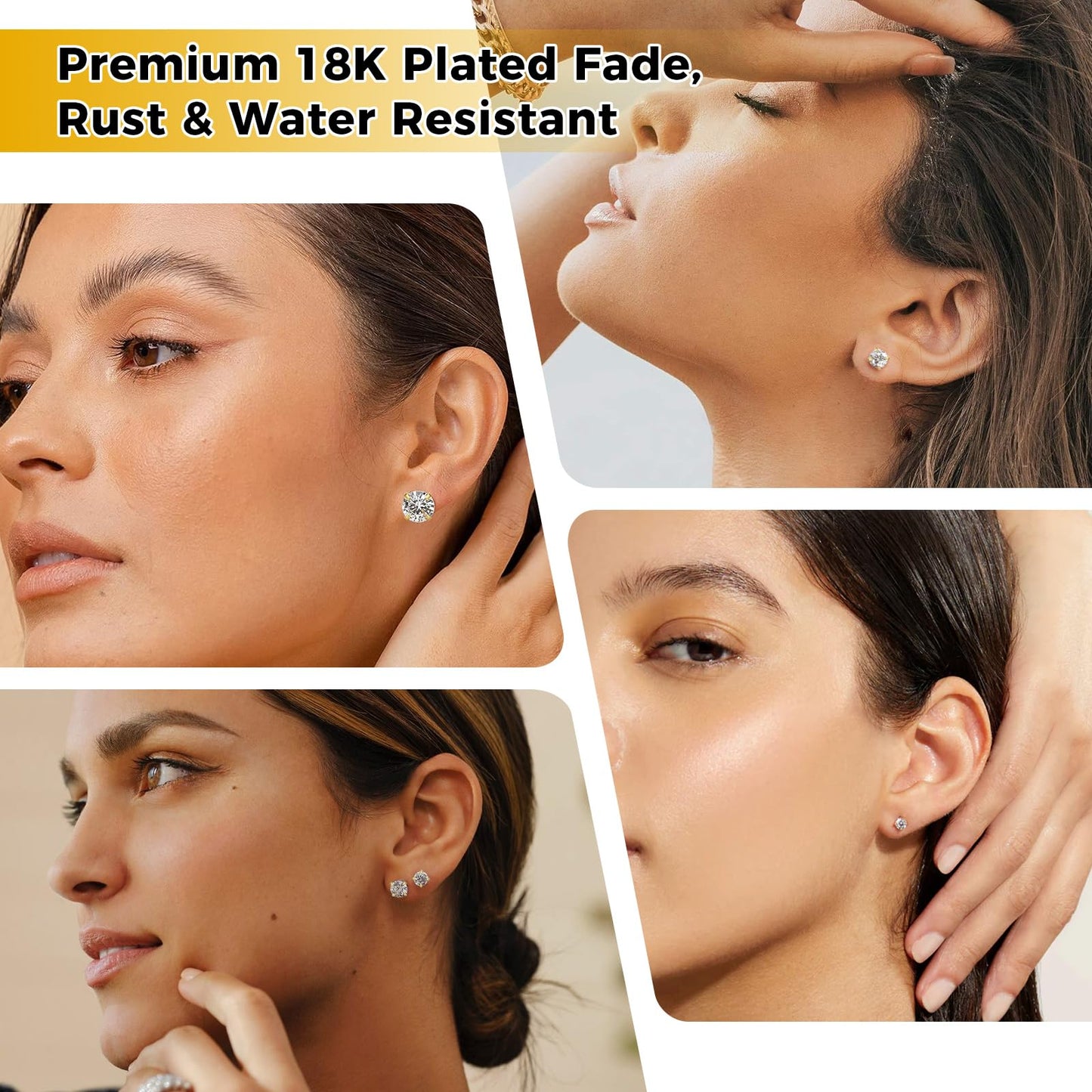 Hypoallergenic Threadless Flat Back Earrings,1 Pairs Cartilage Stud for Women Men Titanium Post 20G None Screw Easy Push in Gold Black Stainless Steel Flatback with CZ 3-7mm (Gold+Clear CZ, 6mm)