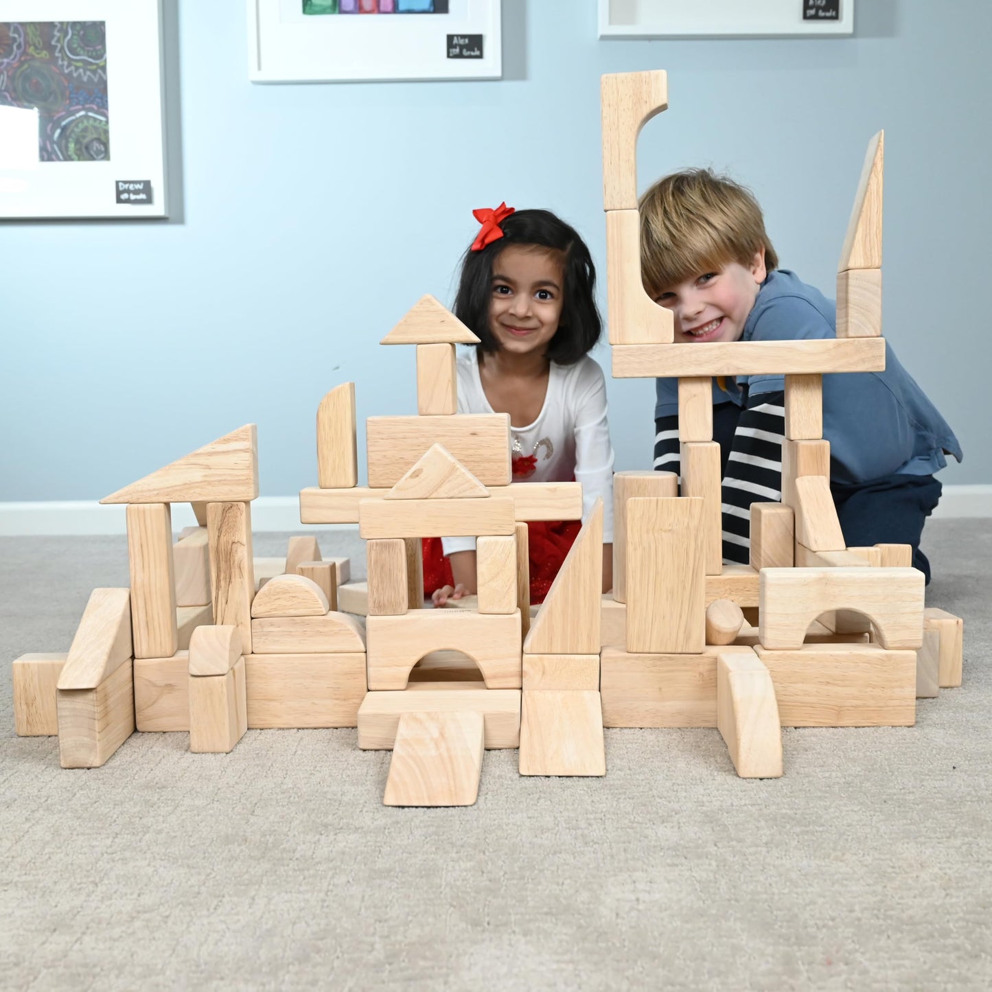 Constructive Playthings Wooden Blocks for Kids, 82-Piece Set with 13 Shapes, Educational Toy for Ages 2+, Ideal for Classrooms, Early Learning, Cooperative Play