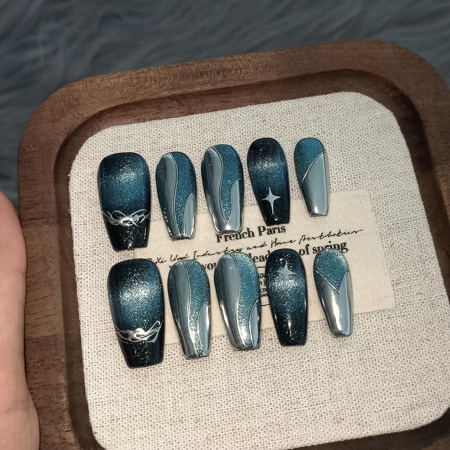 TENPAL 10Pcs Handmade Metallic Dark Blue Black Galaxy Cat Eye Press On Nails Coffin With Tools| 3D Wave Star Relief Punk Glitter Chrome Designs(XS)