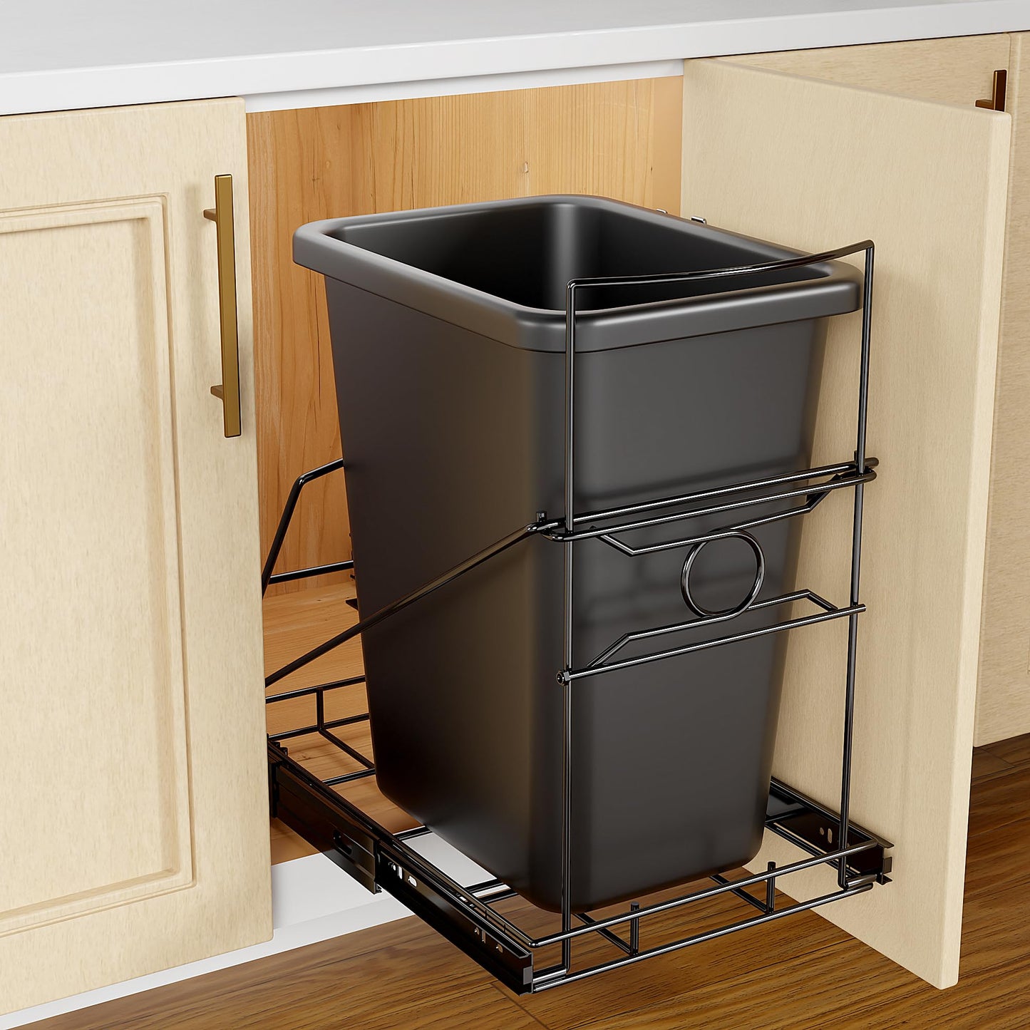 SOCONT Pull Out Trash Can Under Cabinet Adjustable Trash Can Holder for 7 to 11 Gallon Bin Bottom Mount Slide Out Trash Rack for Narrow Cabinets(Black, No Bin Included)