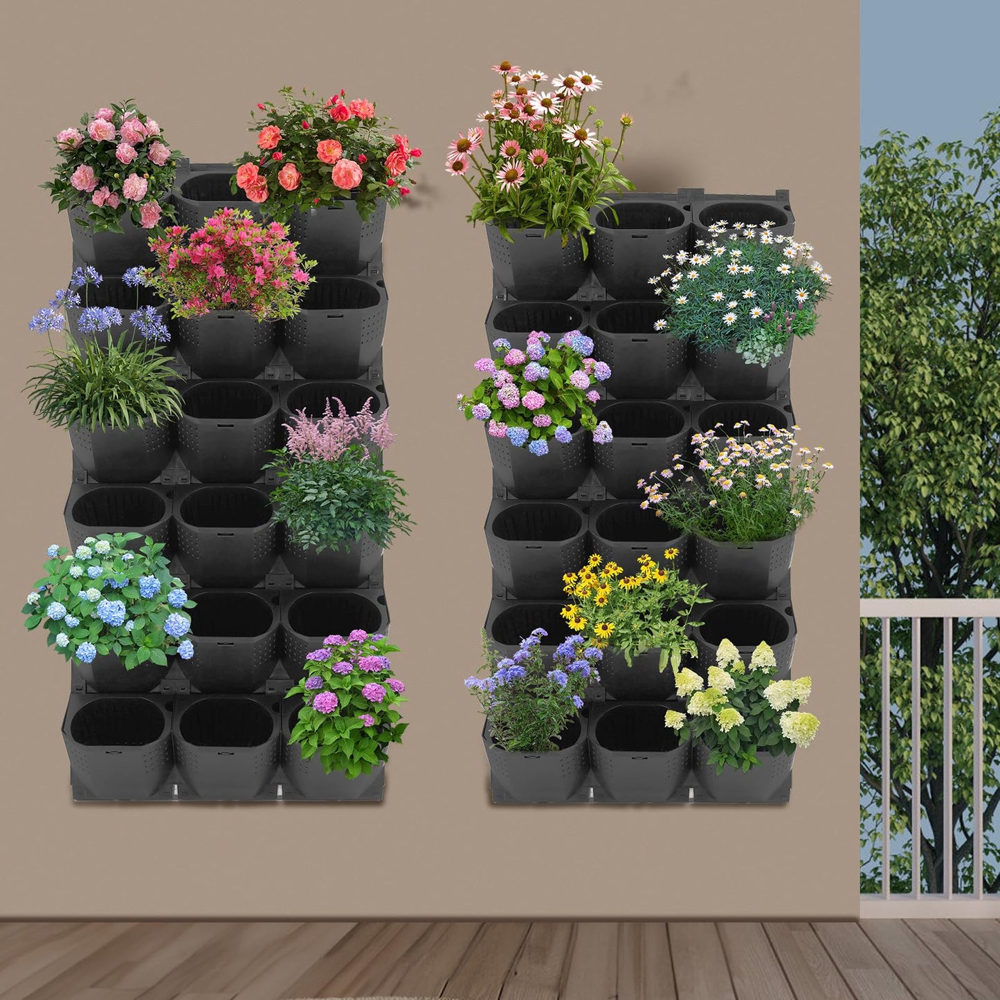 njxbrek Wall Mounted Vertical Garden Planter with 36 Pots, 6 Row Vertical Stackable Hanging Planters, Indoor Outdoor Flower Pot Holder for Herbs Vegetables Fruits (Black)
