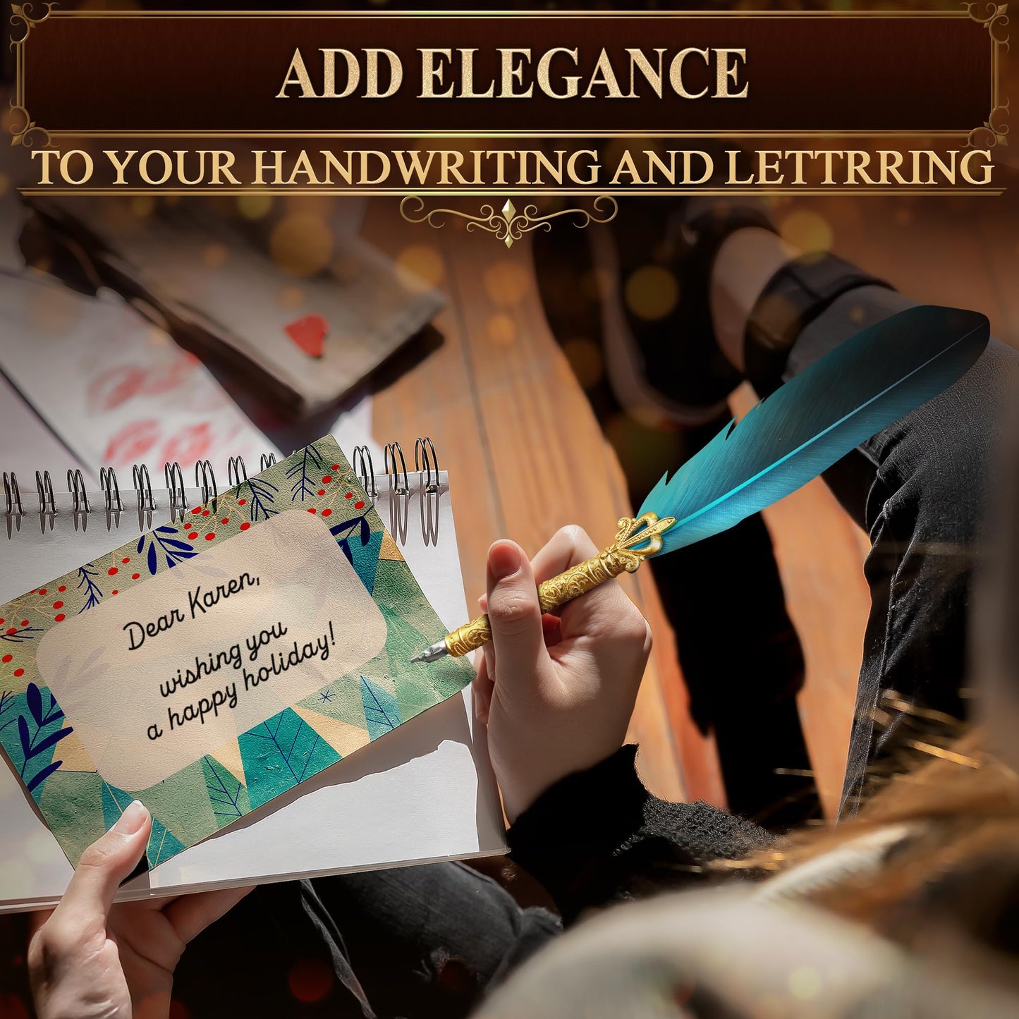 Vintage Feather Quill Pen and Ink Set - Elegant Blue Feather Pen and Ink Set for Signatures, Writing, and Drawing - Calligraphy Kit with Stainless Steel Nib for Beginners and Calligraphy Enthusiasts