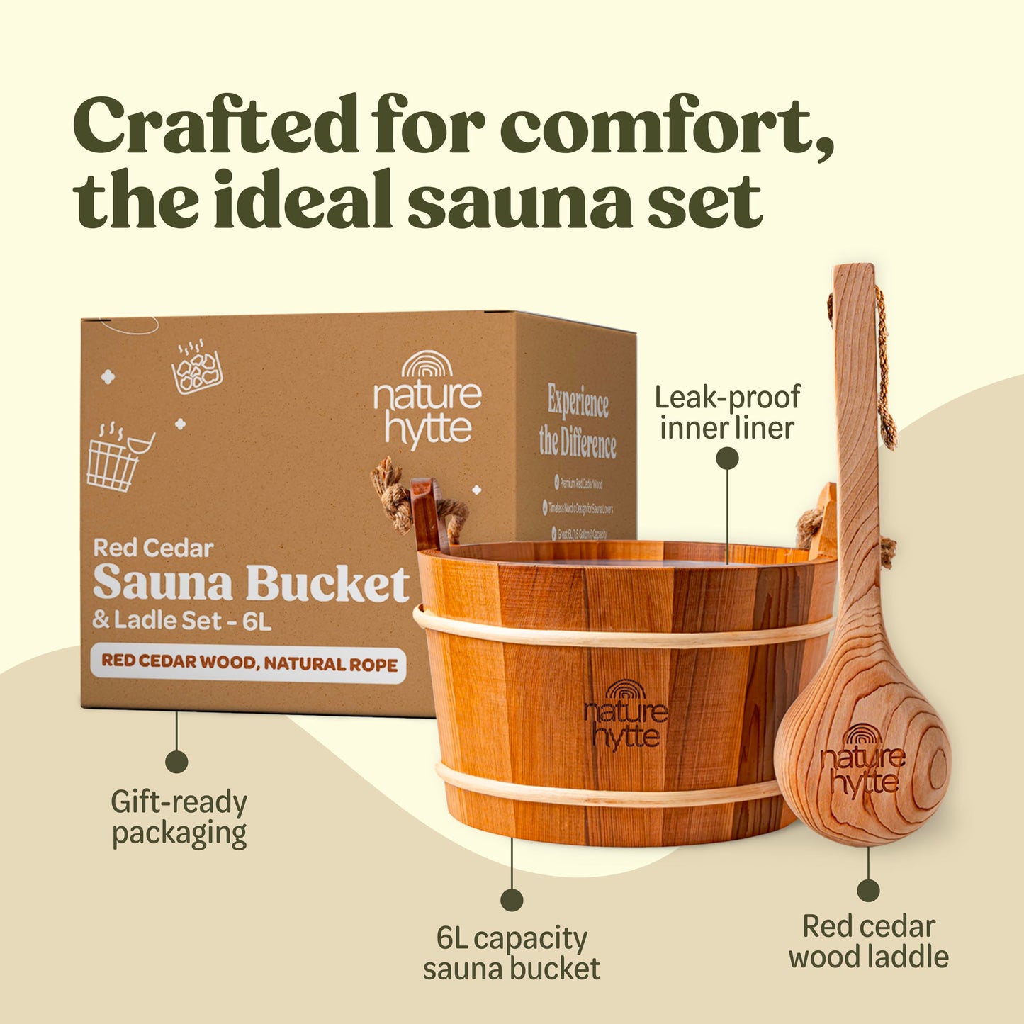 Nature Hytte Red Cedar Sauna Bucket and Ladle Set 6L (1.6 Gallon) - Natural Rope Handle - Premium Red Cedar Wood - Natural Aroma - Elegant Gift-Ready Packaging
