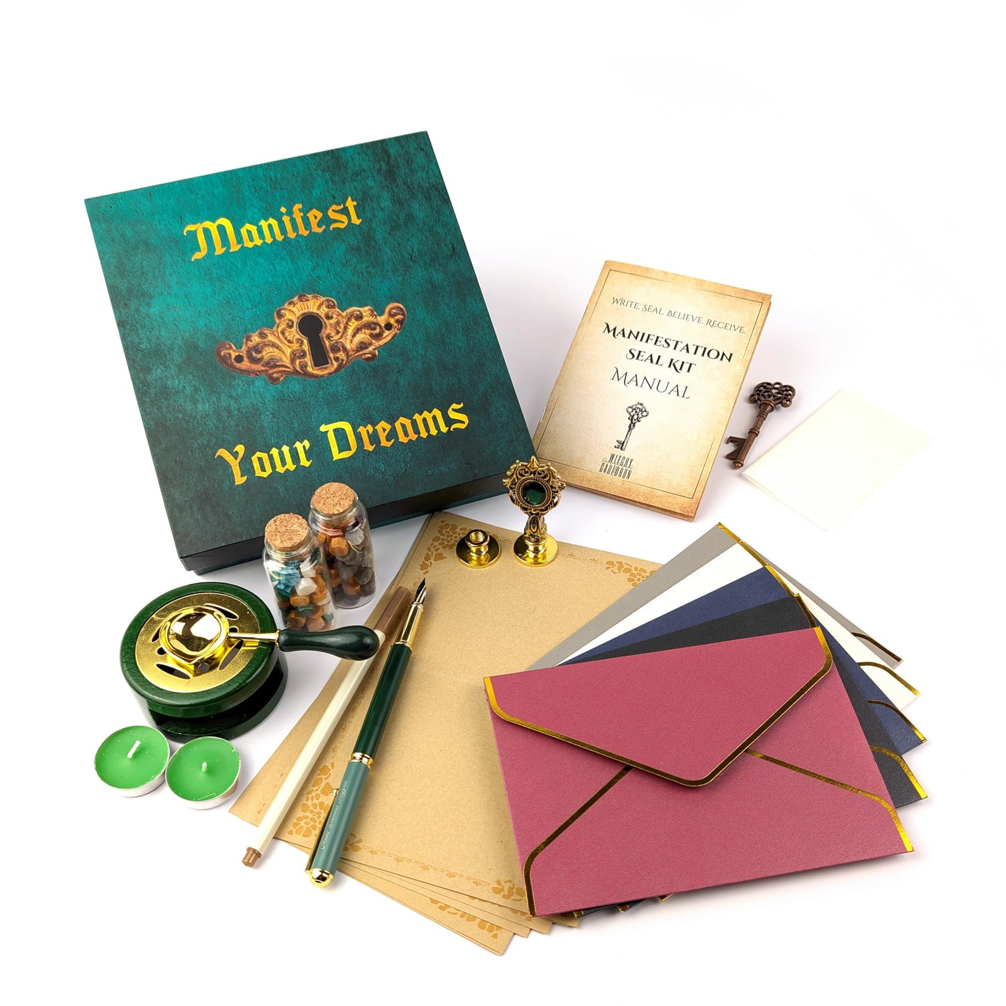 Manifestation Kit with Fire Paper & Wax Seal Stamps – Sigil Ritual Tools for Writing, Sealing & Releasing Intentions – Spiritual Self Care Gift for Manifestation – Witchy Cauldron Manifest Dreams Seal
