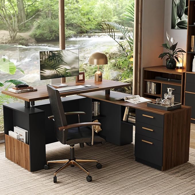 63" Standing Desk with File Cabinet, Privacy Panel, AC/USB, 1.18" Desktop, Executive L Shaped Height Adjustable Electric Stand Up Desk, Home Office Table with 3 Drawers, Black Walnut