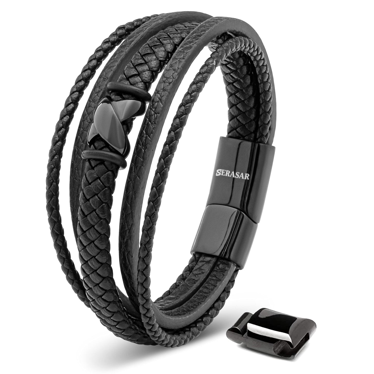 SERASAR Mens Leather Bracelet 20cm Black Men Gift Box Genuine Braided Adjust Able Magnetic Clasp Multi Layer Wrap Rope Man Mans Bracelets Jewelry Magnet Accessories