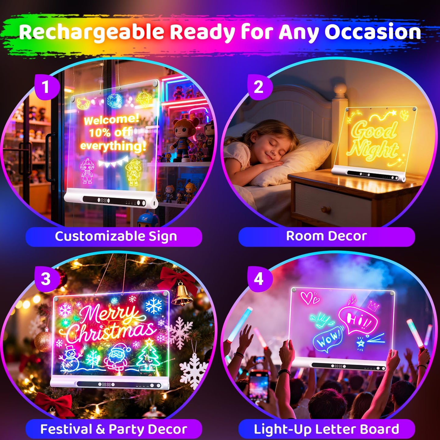 16“ Rechargeable LED Drawing Board, 9-Color Light Modes with Timer & Built-in Stand, Neon Art Dry Erase Glow Up Doodle Note Pad, Sketching Gift Toy for Kids/Girls/Teens, 6 Markers & Tracing Book