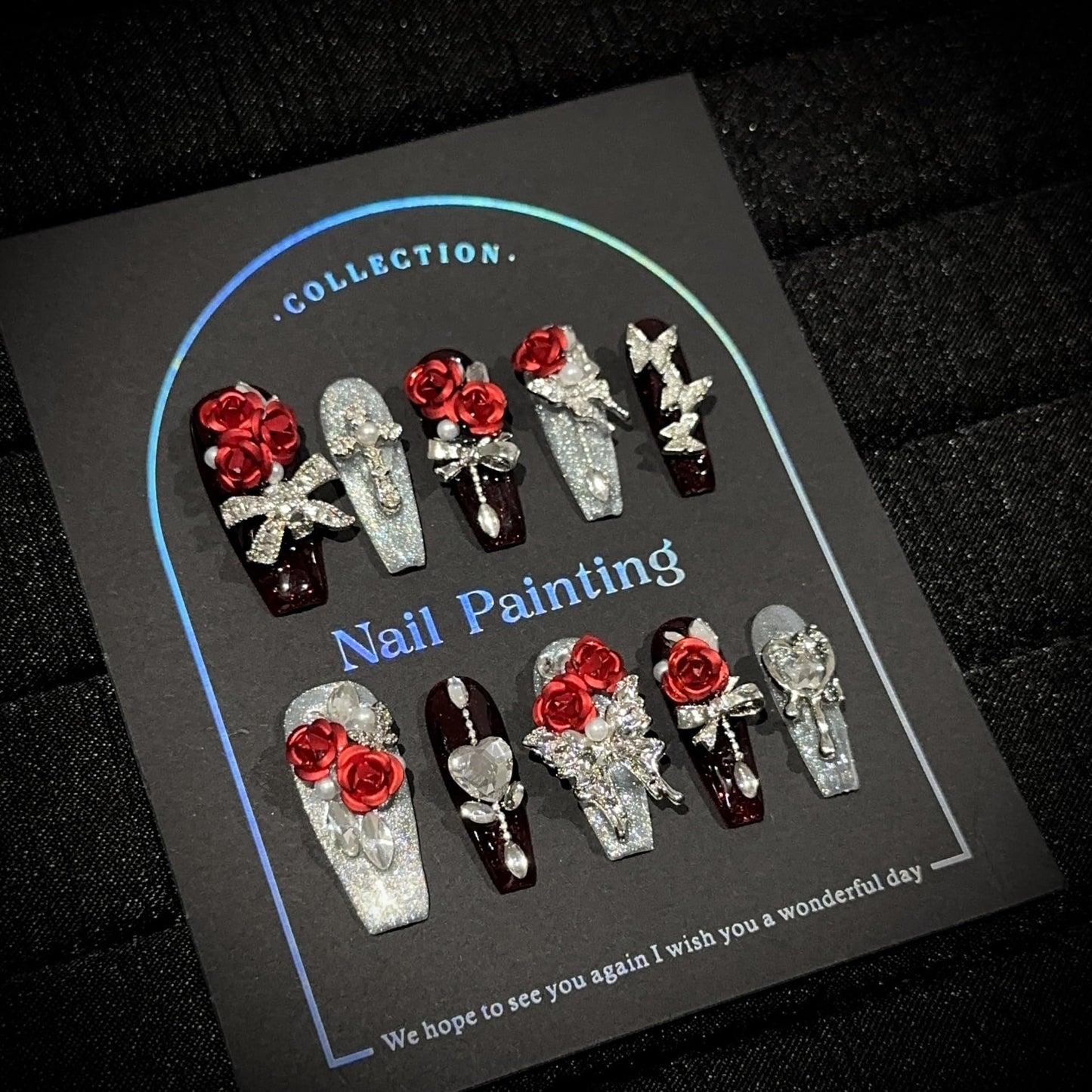 GLORS 3D Press On Nails, Luxury Long Ballerina Shape, Red Rose and Silver Glitter Design, 10 Pieces, Fall Winter Collection (Small, LC)