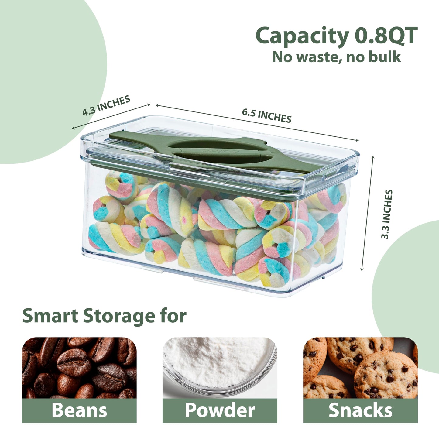 Prestoor 4-Pack Small Pantry Containers, 0.8 QT/0.76 L Clear SAN Food Storage Canisters with Twist-Lock Lids, Stackable for Sugar, Tea Bags, Seasoning, Nuts, Snacks (Green)
