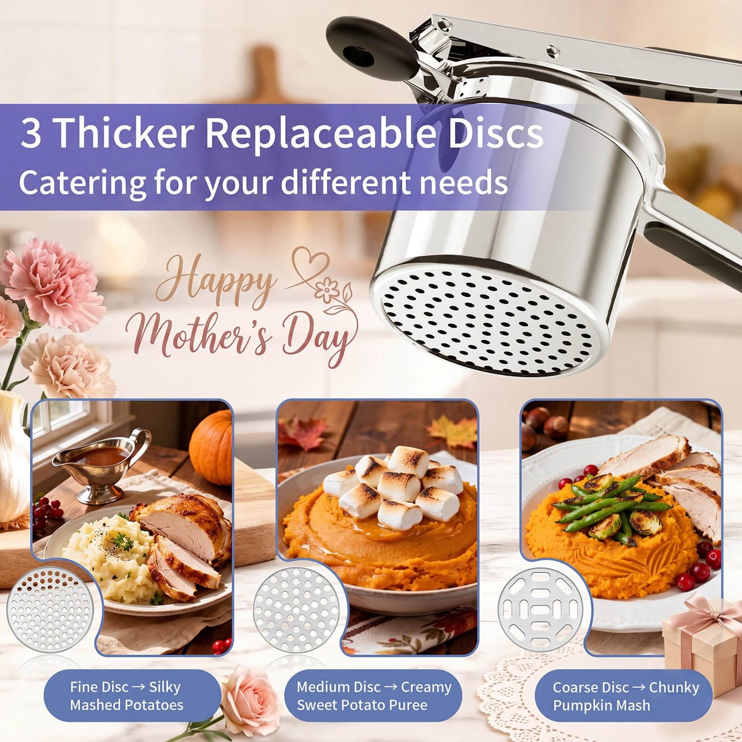 Potato Ricer, Ricer for Mashed Potatoes, 3 Interchangeable Discs Potato Masher Stainless Steel for Fluffy Mashed Potatoes, Heavy Duty Spaetzle Maker with Silicone Handle, for Gnocchi Spaghetti