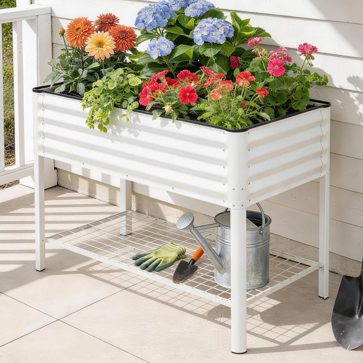 STBoo Elevated Raised Garden Bed with Legs - 48''x24''x32'' Galvanized Metal Standing Planter Boxes Outdoor with Bottom Storage Shelf for Backyard, Patio, Balcony, Vegetables, Flowers, White