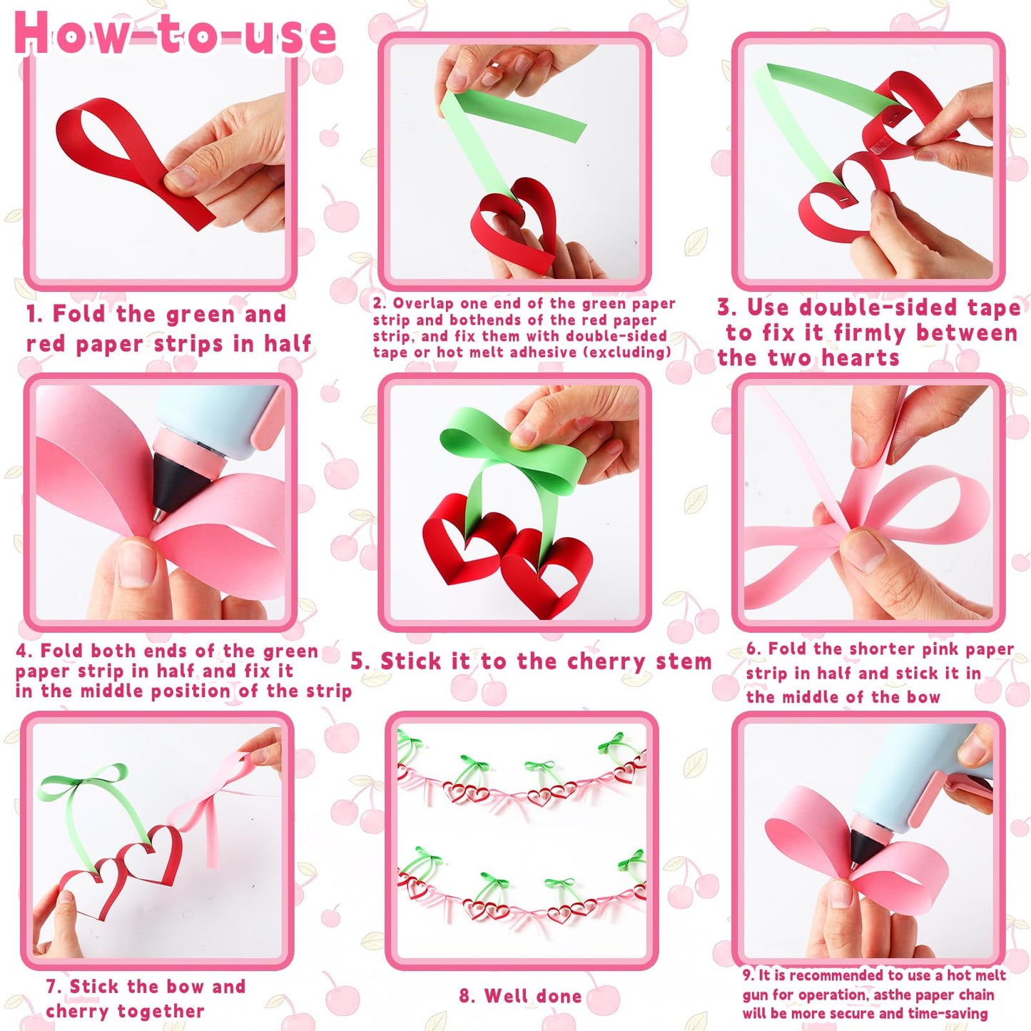 Gueevin 300 Sheets Cherry Party Paper Chain Strips Decorations Paper About 41 Feet in Total with 1 Roll Double Sided Tape DIY Cherry and Bow Hanging Banner for Baby Shower Bridal Bachelorette Wedding