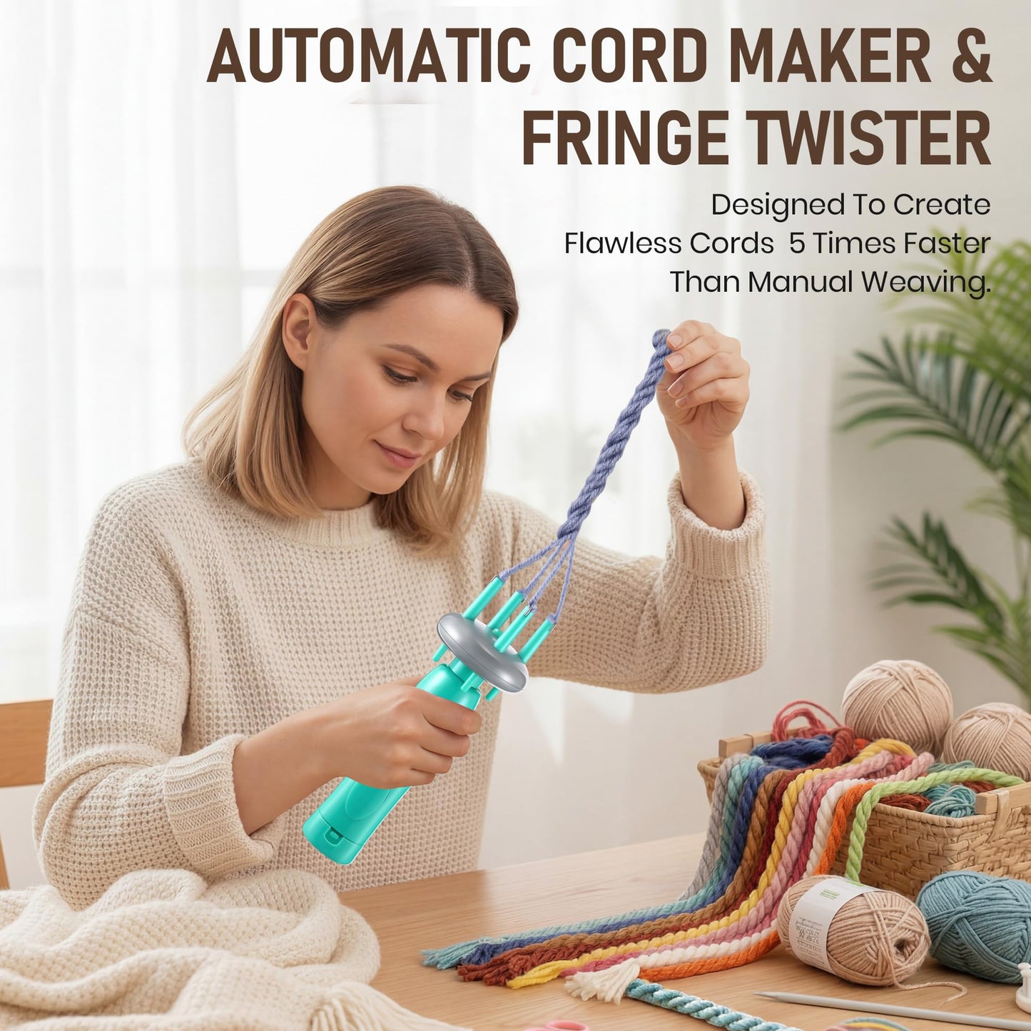 Gulfmew Portable Cord Maker & Fringe Twister, Handheld Yarn Crafting Tool for DIY Macrame & Knotting, Lightweight & Beginner-Friendly, Twisting Tassels in Seconds for Scarves(Green)