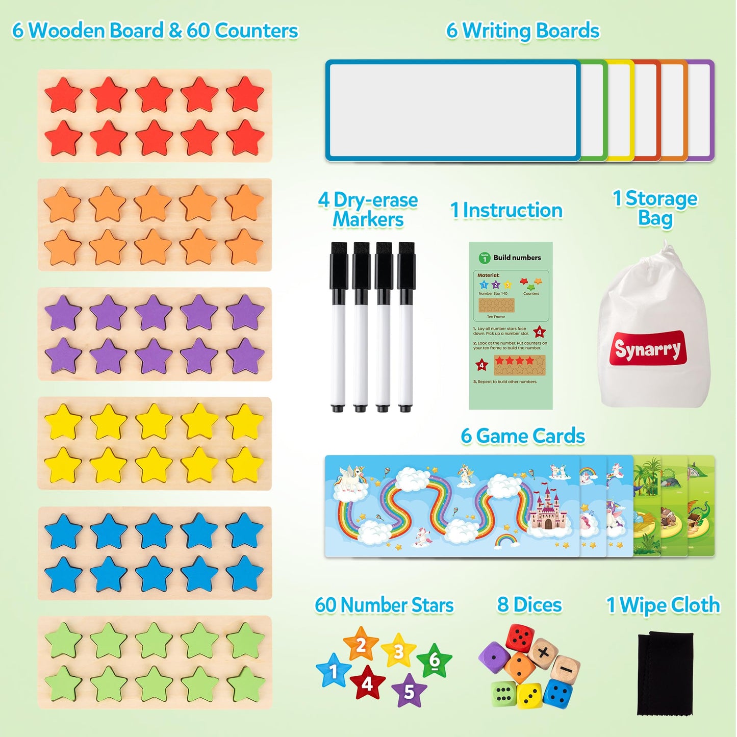 SYNARRY Wooden Ten-Frame Set Math Manipulatives for Kindergarten Classroom Elementary 1st 2nd Grade, Montessori Toys Gifts for 3-8, Addition and Subtraction Counters Math Games for Kids Ages 6-8