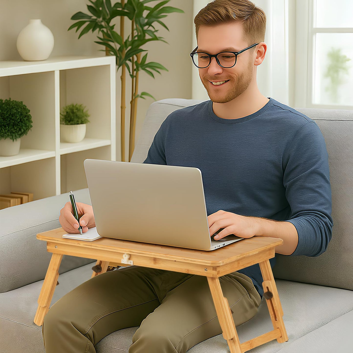 Usofhaus Bamboo Laptop Desk for Bed, Height & Angle Adjustable Foldable Lap Desk with Drawer & Cup Holder, Portable Bed Desk Table for Working, Reading, Writing or Breakfast on Sofa, Couch or Floor