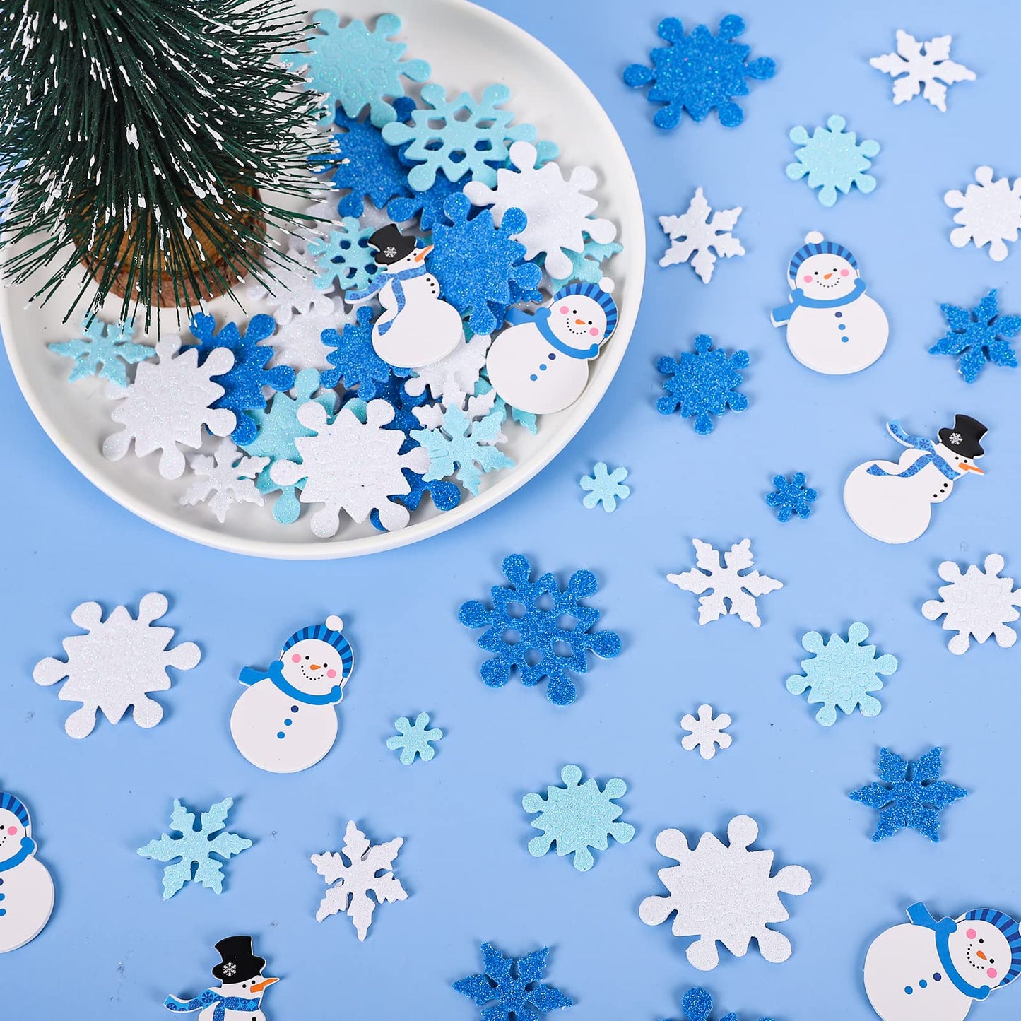 Whaline Winter Glitter Foam Sticker Kit 350Pcs Blue White Snowflake Snowman Foam Stickers Self-Adhesive Sticker Decals for Christmas Party Decor Winter DIY Crafts