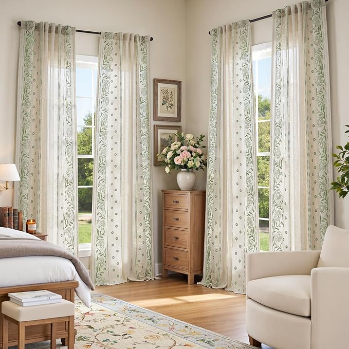 jinchan Winslow 4 Panel Curtains Set 96 Inch Length Embroidered Bordered Floral Curtains for Living Room Farmhouse Decor Light Filtering Window Treatments Sage on Beige Drapes 4 Panels