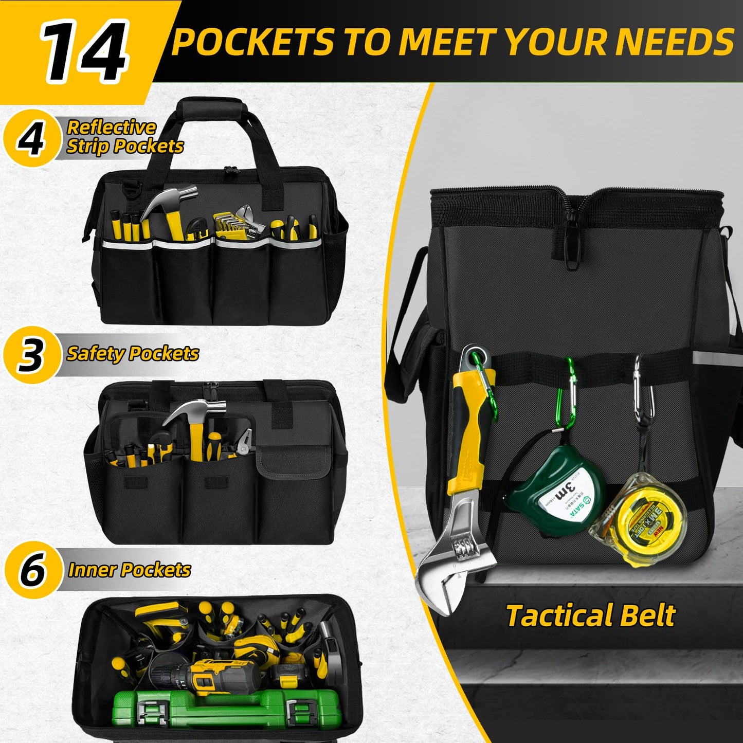NECKORY Tool Bag, Portable Tool Box Organizer Adjustable Shoulder Strap, Carry Tool Tote Heavy Duty Tool Storage Bag With Wide Mouth,Tool Bags for Men Mechanic EngineerGift - M, Black