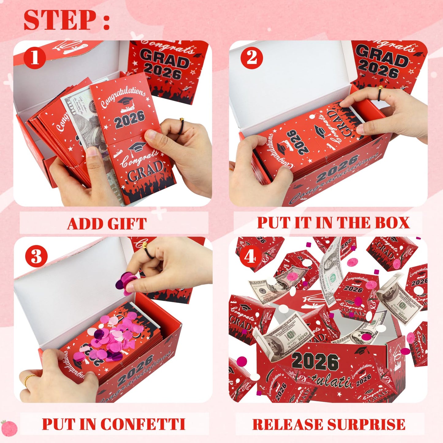 Surprise Gift Box Explosion for Money, Unique Folding Bouncing Red Envelope Gift Box with Confetti, Cash Explosion Luxury for Birthday Anniversary Valentine Proposal (15 Bounces) (Graduation - Red)