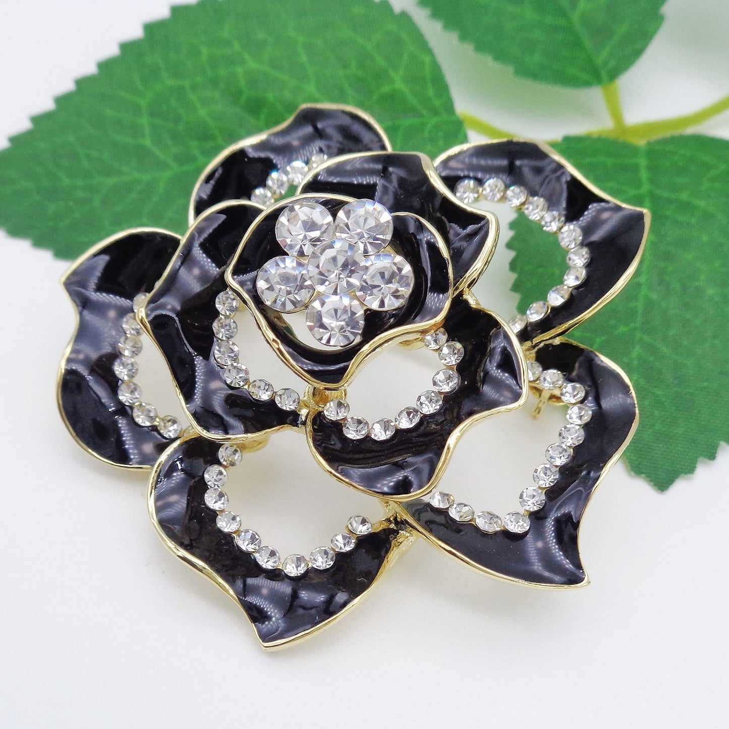 Navachi 18k Gold Plated Crystal Black Enamel Rose Flower Az7196b Brooch pins
