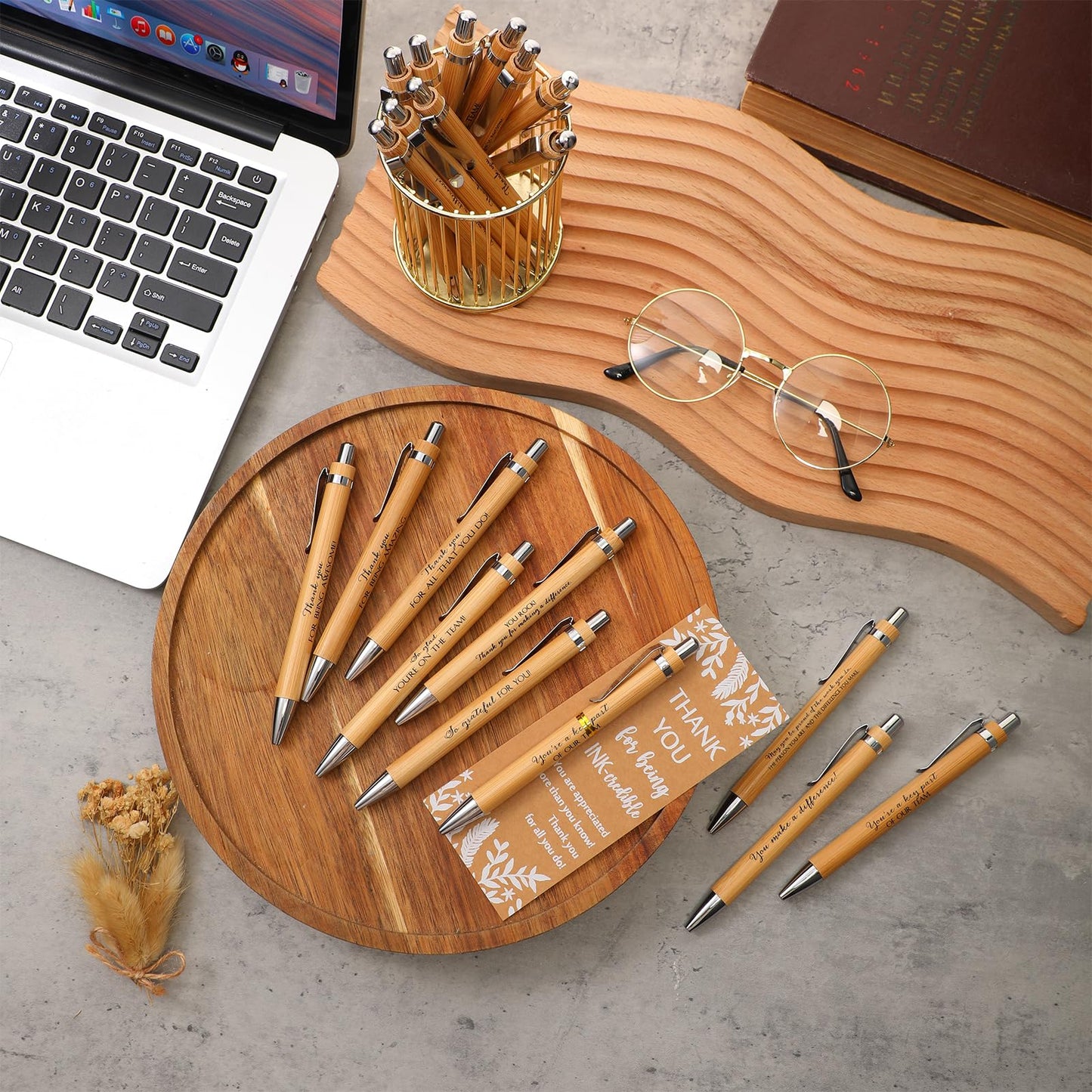 ReliThick 50 Sets Employee Appreciation Gift Bulk Inspirational Bamboo Ballpoint Pen with Thank You Greeting Card Graduation Appreciation Gift for Teacher Coworker Nurse Staff Student Office Team