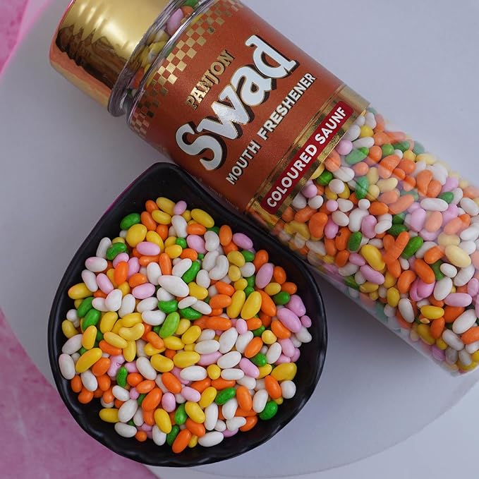 Panjon Swad Sugar Coated Fennel Candy Mukhwas Mouth Freshener 1 Bottle, 140g (COLOURED SAUNF)