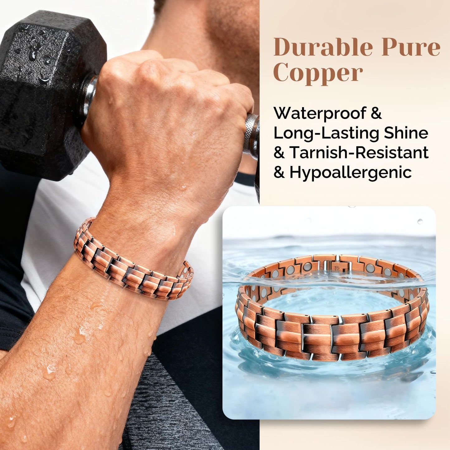 JEROOT Men's 99.99% Pure Copper Magnetic Bracelet, 3500 Gauss Magnets Adjustable with Sizing Tool