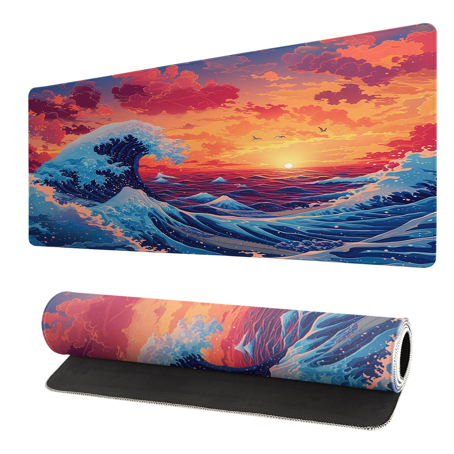 Gaming Mouse Pad Desk Pad,Extended Big Mouse Pad,31.5x11.8 Inch Long Computer Keyboard Mouse Mat Mousepad with 3mm Non-Slip Base and Stitched Edge for Gaming and Office… (Sunset Wave)