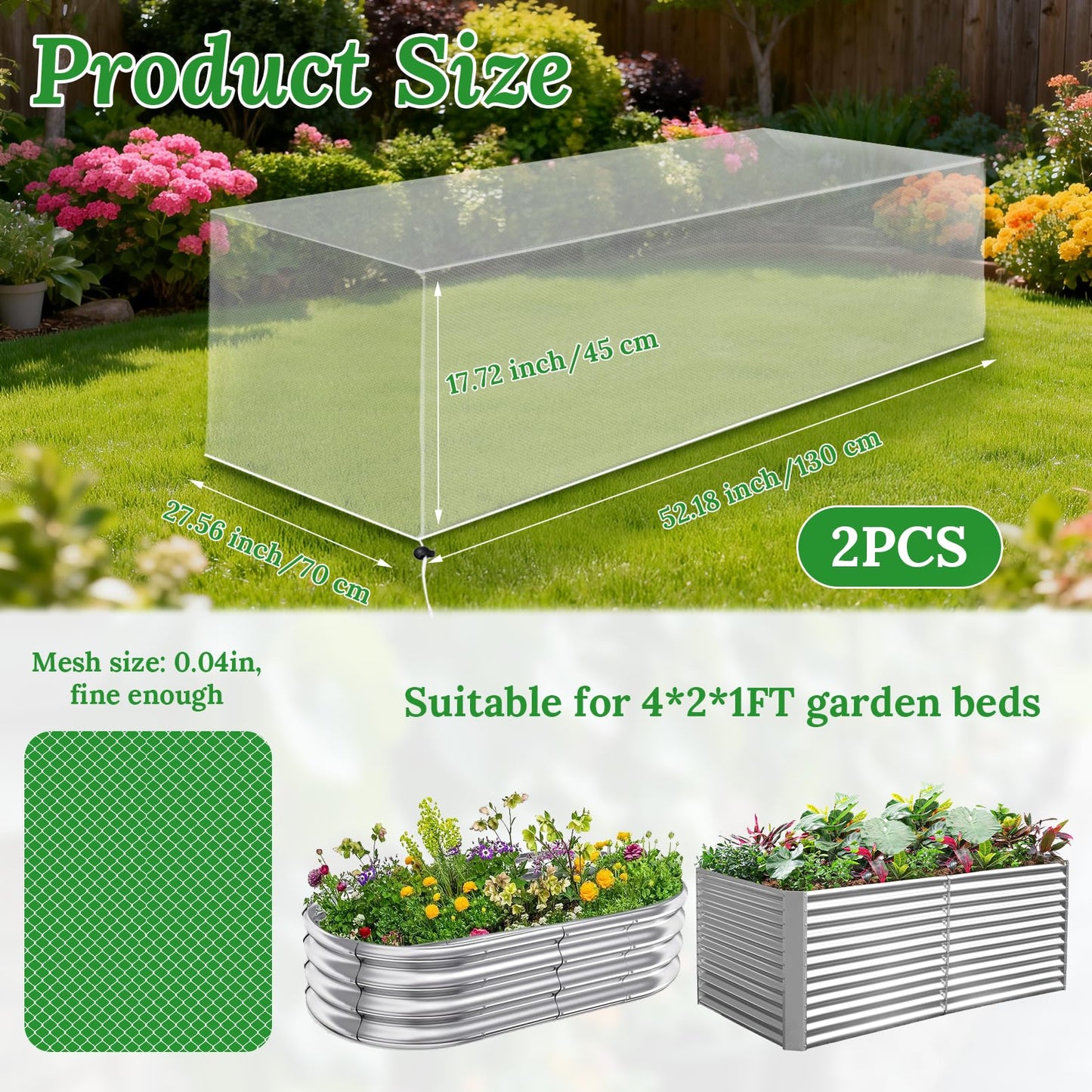 2 Pack Garden Netting for Raised Beds, 4.3x2FT Durable Ultra Fine Mesh Plant Covers with Drawstring to Keep Small Animals Pest Out,Raised Bed Bird Barrier Screen for Protecting Fruits Vegetables Crops