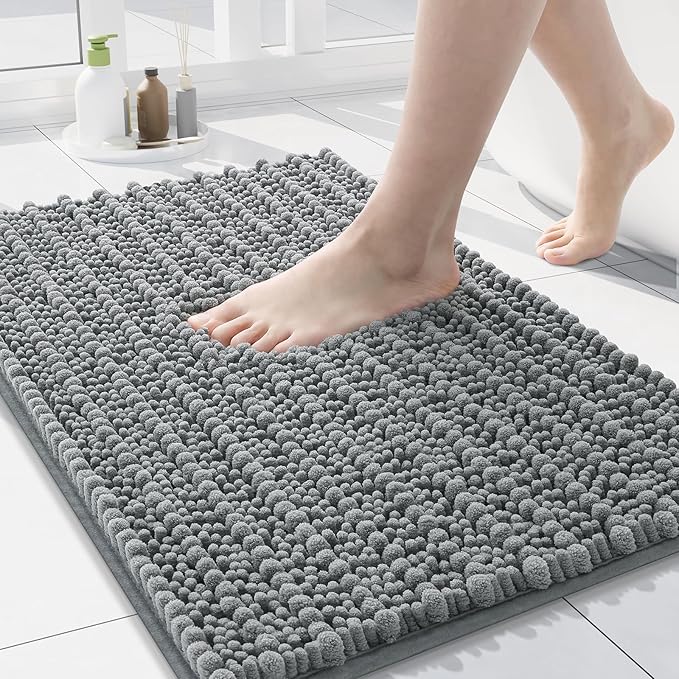 Arotive Luxury Chenille Bathroom Rug Mat, Extra Soft Thick Absorbent Shaggy Bath Rugs, Non-Slip Machine Wash Dry, Plush Bath Mats for Bathroom, Shower and Tub, 24x16, Grey