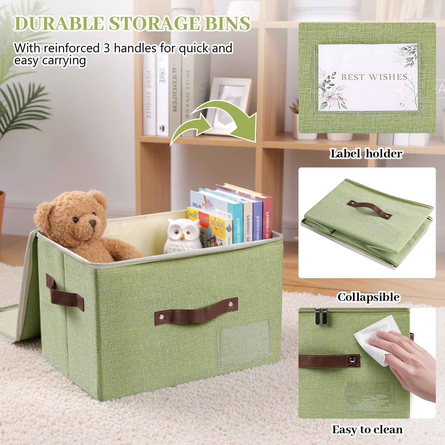 Lucky Monet 1PCS Storage Bins with Zipper Lids 15"x10"x10" Foldable Lidded Fabric Storage Boxes Baskets Cotton Linen Closet Shelf Clothes Organizer with Handles & Label Pocket (Green, Large)