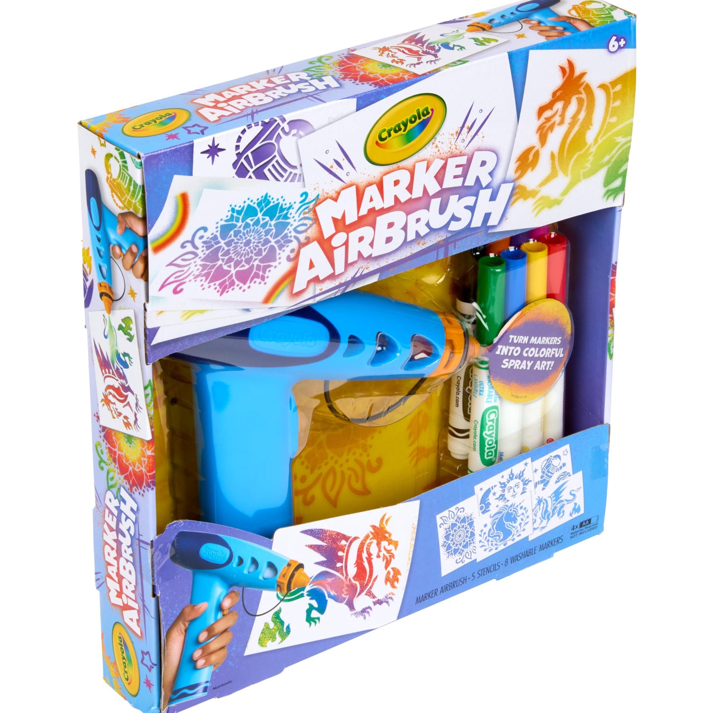 Crayola Marker Airbrush Spray Art Kit, Battery-Powered Sprayer with 8 Washable Markers & 5 Stencils, DIY Craft Set, Ages 6+