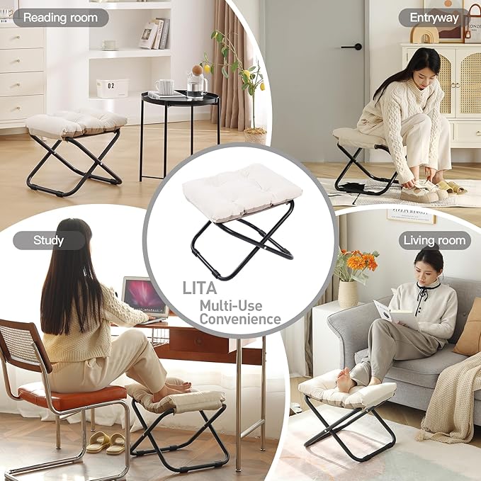LITA Folding Upholstered Footrest Stool with Straight & Square Shape, Beige