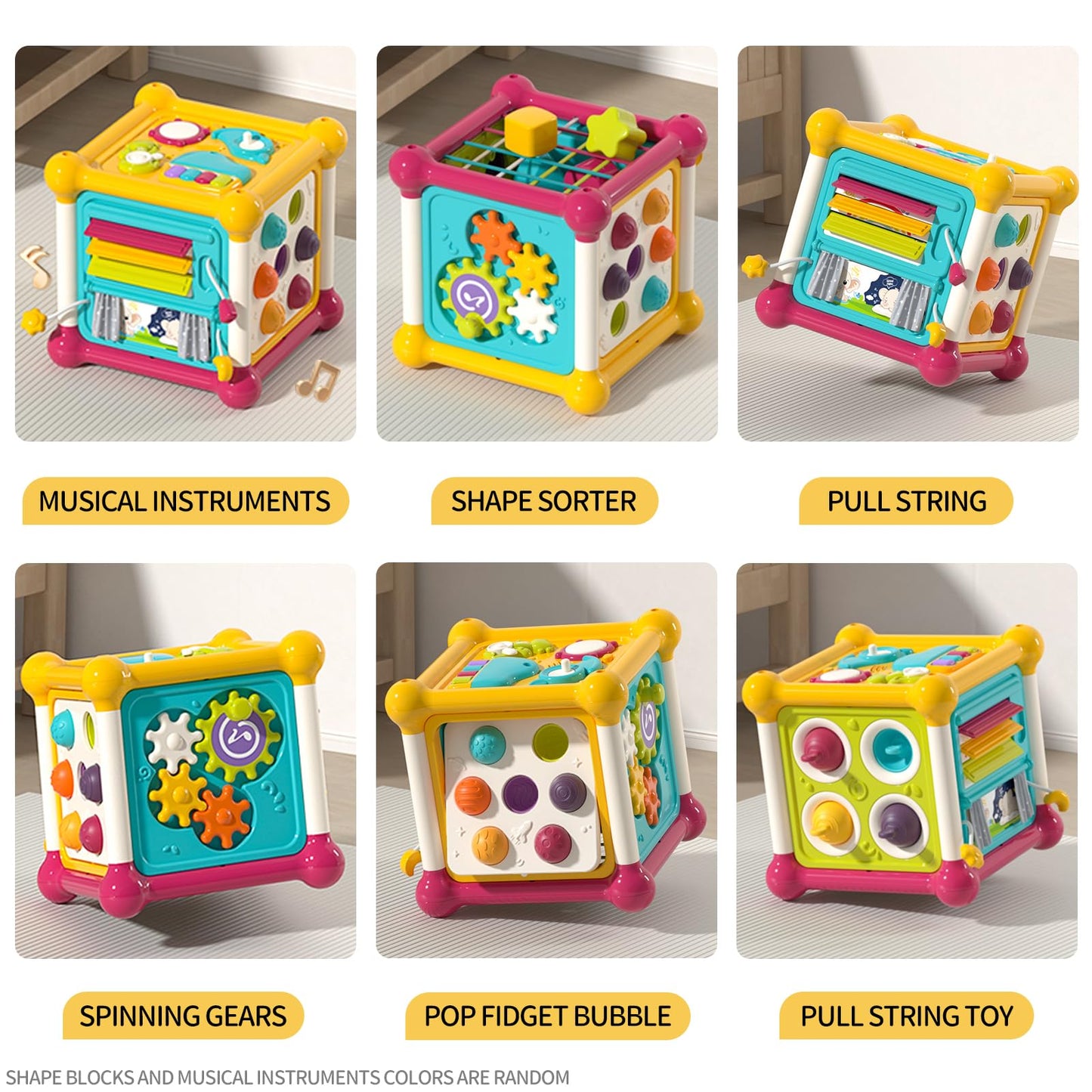 PANITU Baby Activity Cube, 6-in-1 Educational Early Development Toy with 4 Sensory Shape Blocks, Music Busy Board, Montessori Toys for 1 2 Year Old, Birthday Gift for 1 Year Old