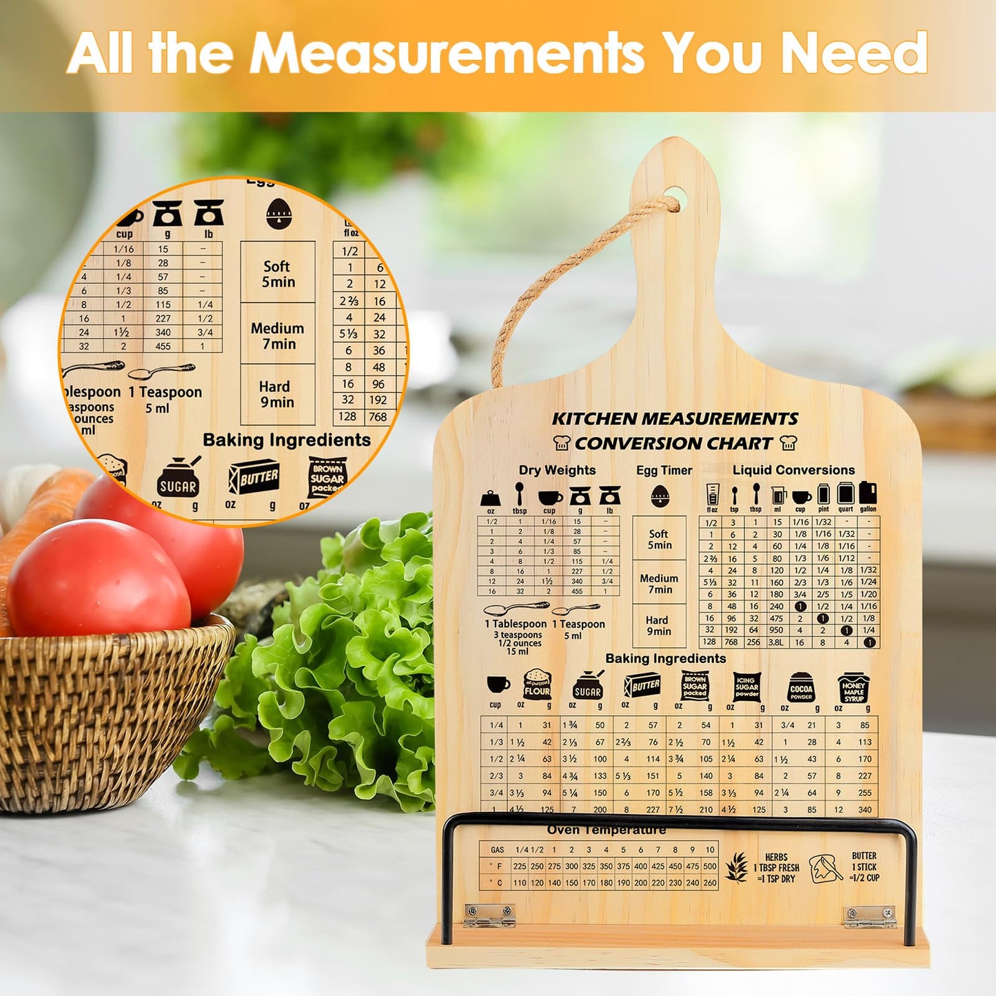 comfoyar Cookbook Stand for Kitchen Counter, Sturdy Recipe Book Holder with Adjustable Angle, Foldable Wood Cook Book Stand Holder with Measurement Conversion Chart for Baking, Easy Storage