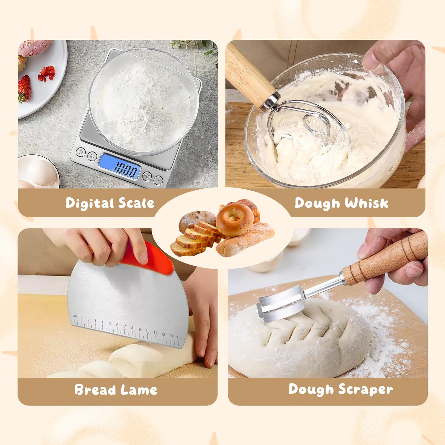 Sourdough Starter Kit，10 In and 11In silicone Banneton with Cloth Cover,Glass Sourdough Starter Jar,Dough Whisk, Bread Lame, Silicone Sling, digital scale for Bread Making Baking Fermentation