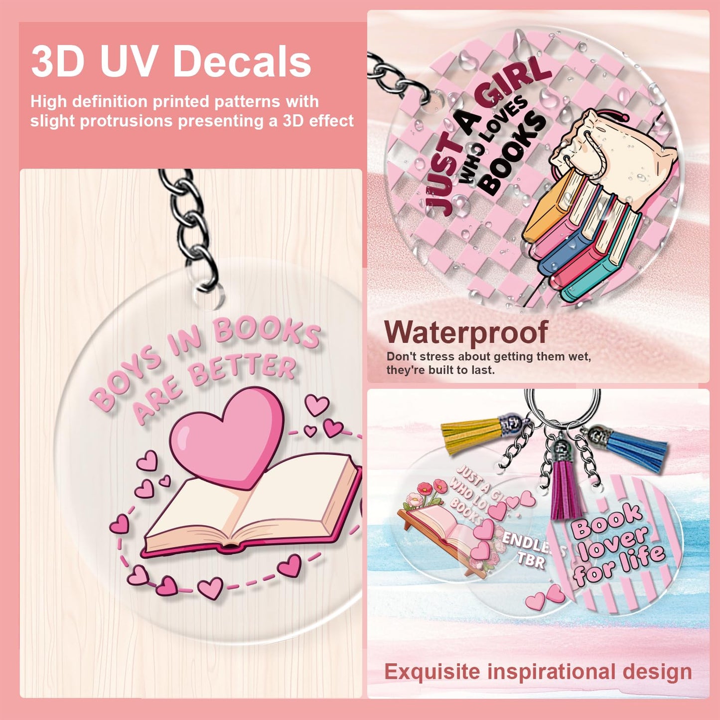 GLASSWINDS 140 PCS Acrylic Keychain Blank Set, 20 Style Double-Sided Book Theme UV DTF Stickers Discs Tassels Jump Rings, Acrylic Keychain Making Kit for DIY Crafts Vinyl Employee Appreciation Gift