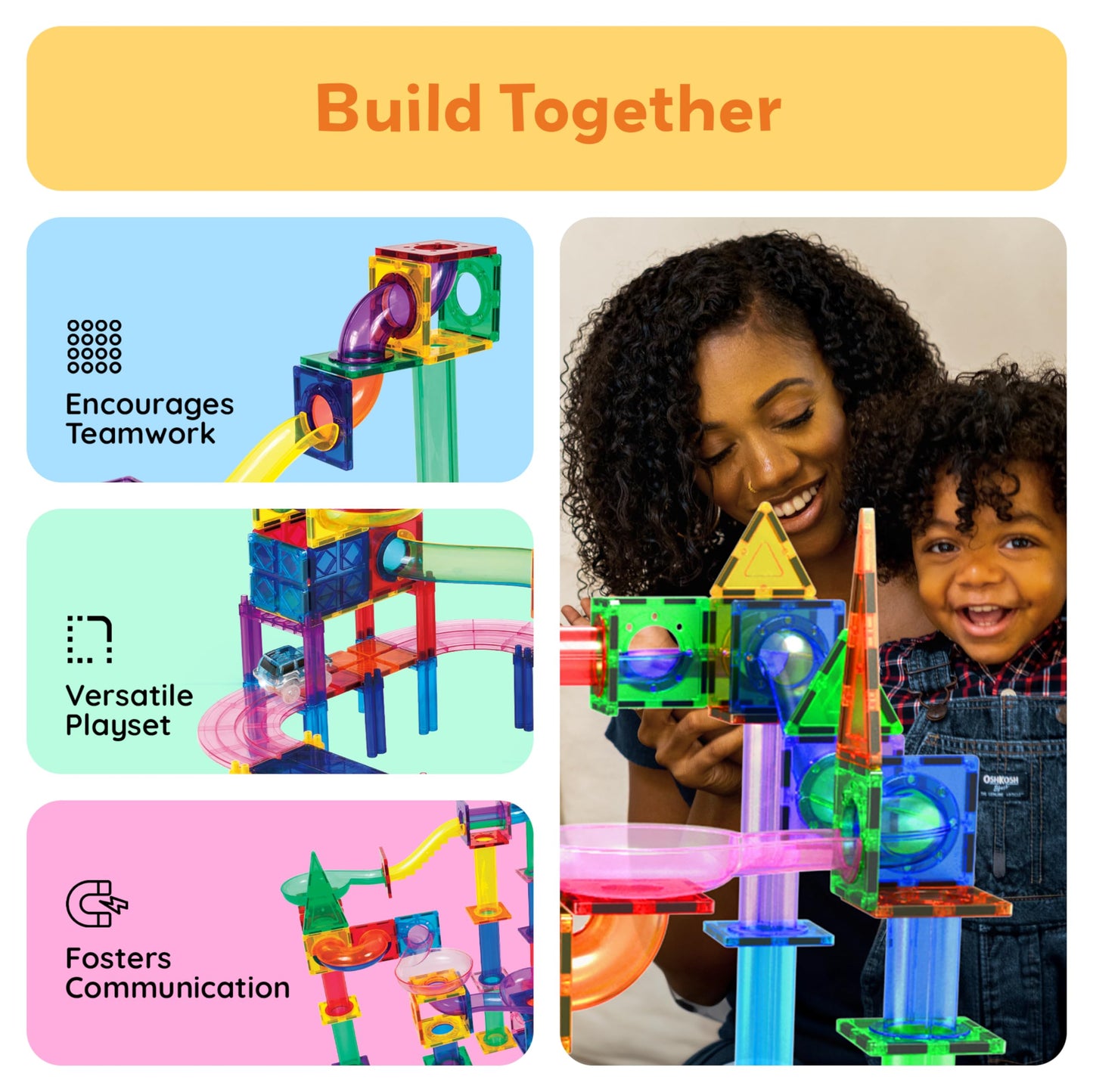 PicassoTiles 108pc Magnetic Marble Run Set with Building Tiles Race Track Car Slides Set STEM Learning Toy 3-in-1 Preschool Construction Kit for Indoor Activity and Development for Kids age 3+ PTG108