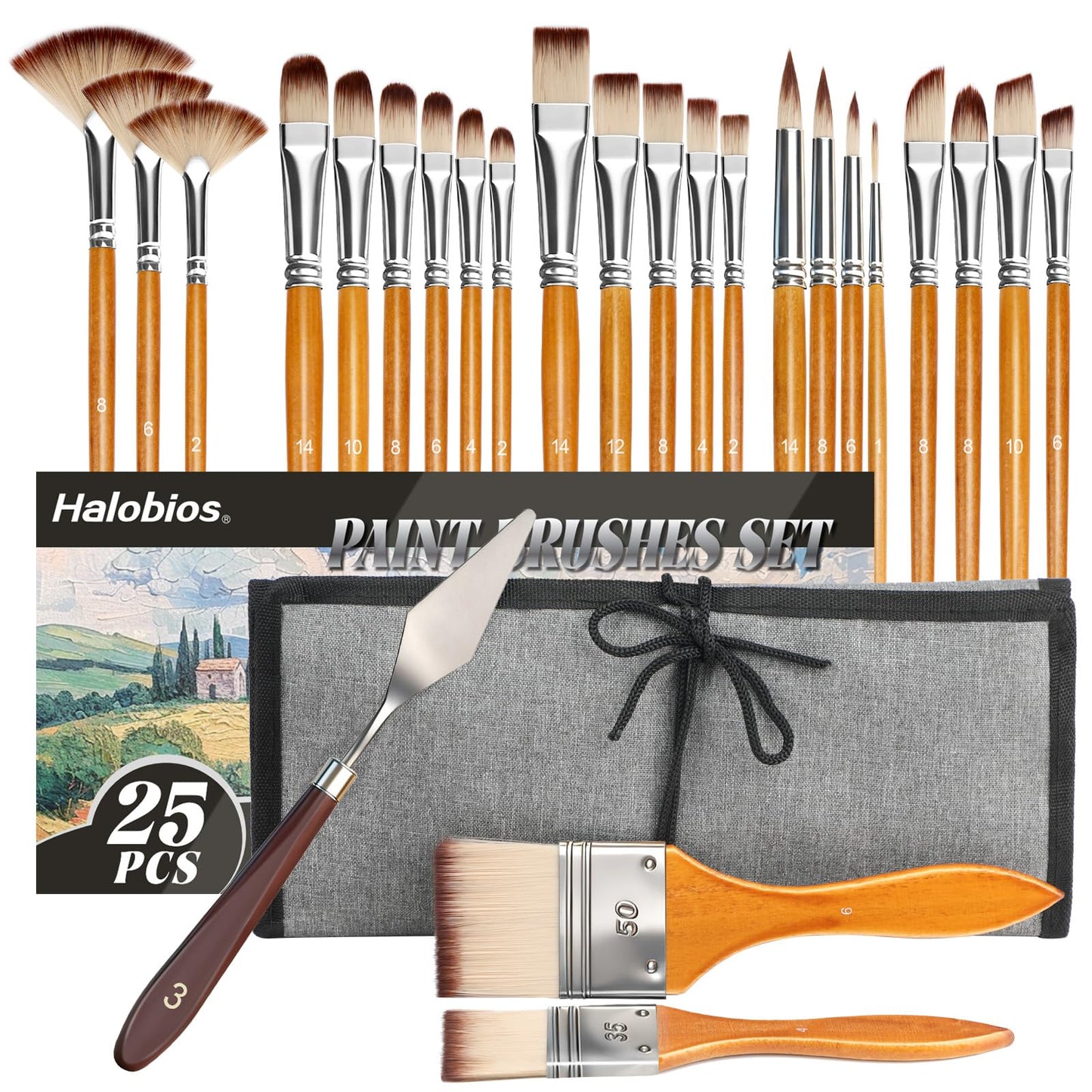 Halobios 25pcs Paint Brush Set, Professional Paint Brushes with Canvas Roll and Palette Knife, Acrylic Paintbrush Kit for Artist,Watercolor,Oil,Gouache