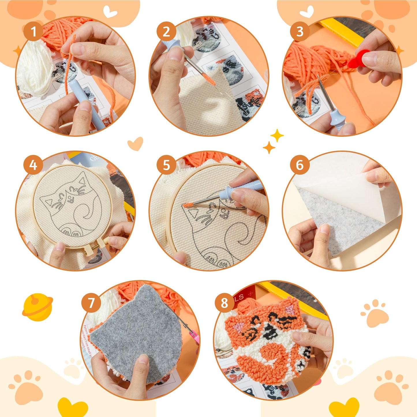 WATINC Cats Punch Needle Coaster Kit - 22Pcs Easy Art Work Decor Craft Supply for Beginners, DIY Set of 6 Puppy Pets Pattern Tufted Rug Pads with Adhesive Felt Yarns Embroidery Hoop Tools Instruction