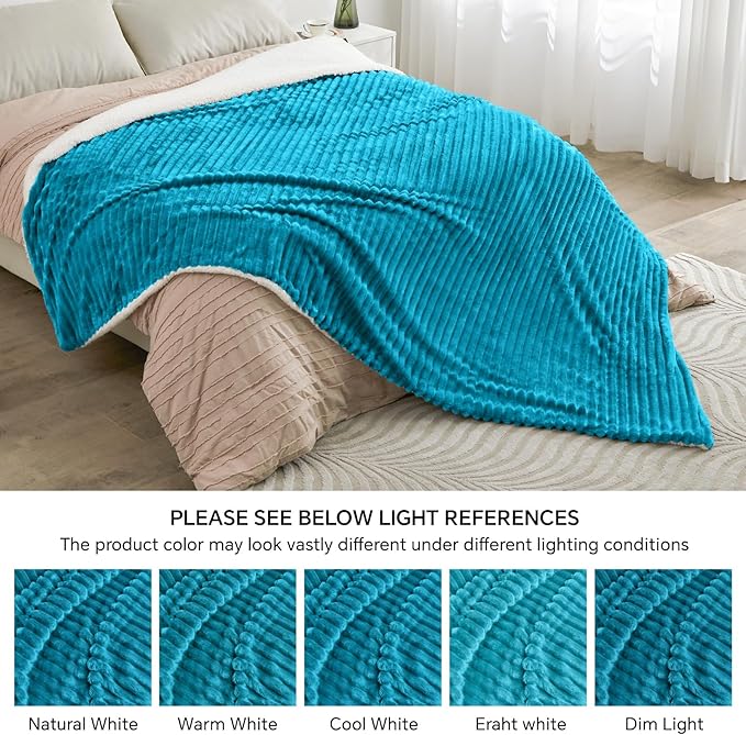 INFIIXSO Sherpa Fleece King Size Blanket - Super Soft & Warm Striped Fleece, Cozy Plush Fluffy Large Bed Blanket All Season Use (Teal, 104x90 Inches)