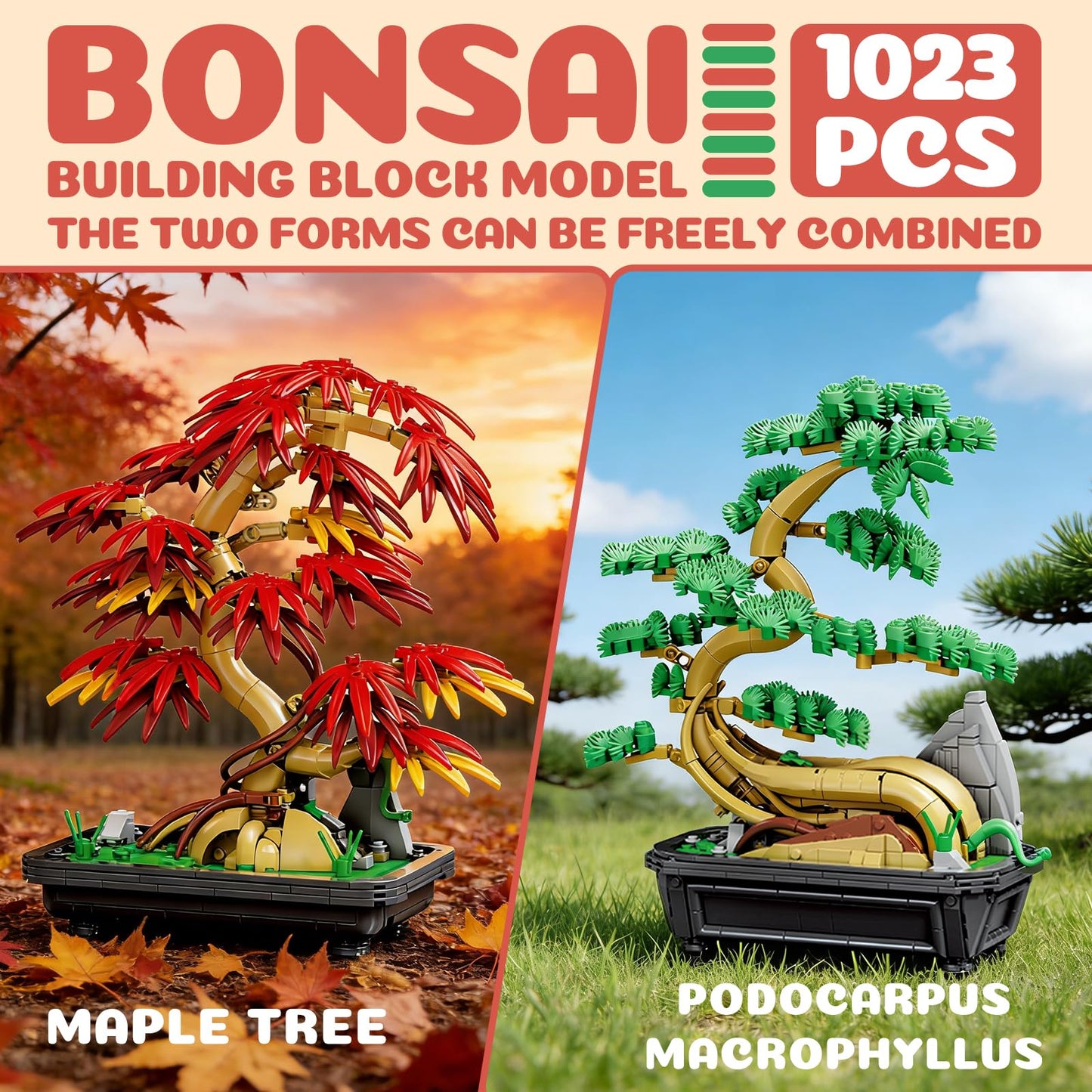 APENGBAOL 2-in-1 Bonsai Tree Building Set 1023 Pcs Red Maple & Pine Plant Model Kit for Adults Botanical Garden Collection Zen Home Decor & DIY Flower Construction Gift