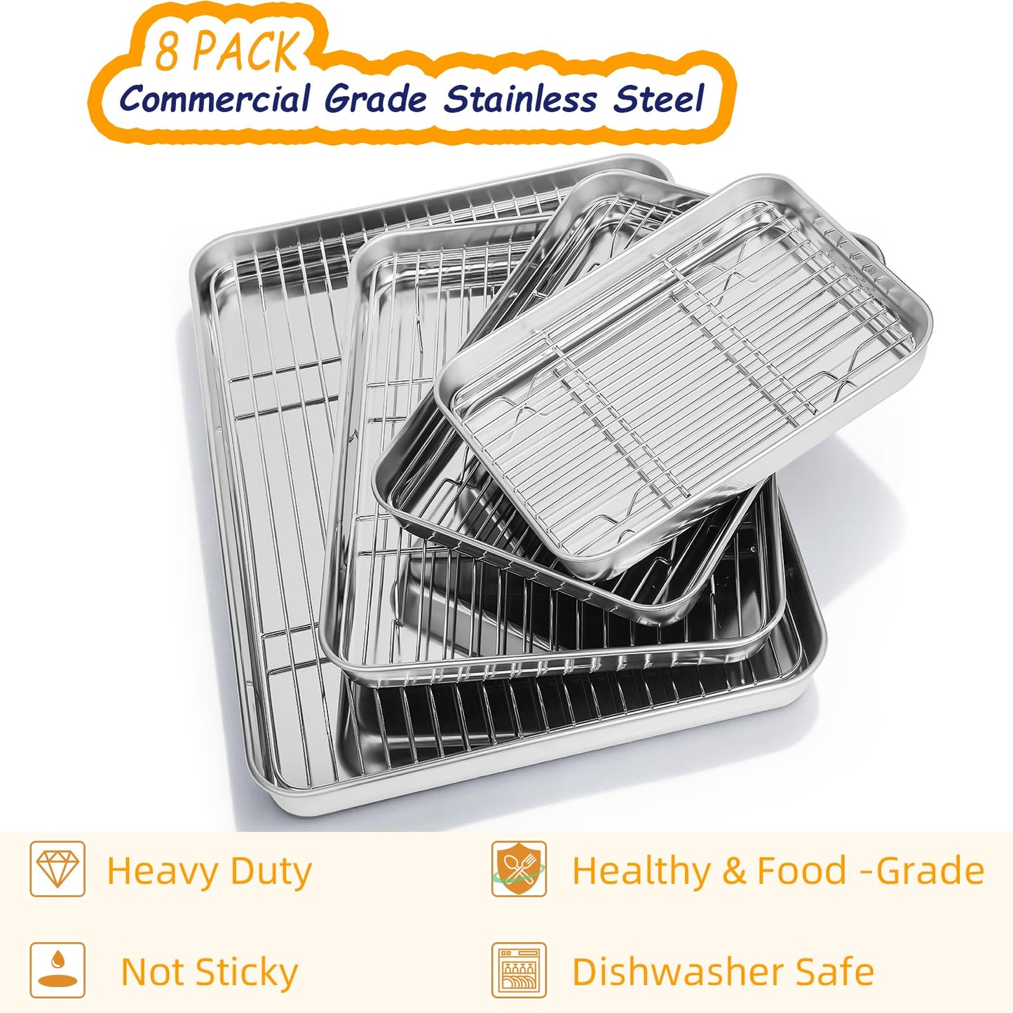 Baking Sheet Pan Set of 8, CEKEE Stainless Steel Cookie Sheets for Baking with Cooling Rack, Small/Quarter/Jelly Roll Pans, 9/10/12/16 Inch, 0.8mm Thick Heavy Duty & Non Toxic & Easy Clean