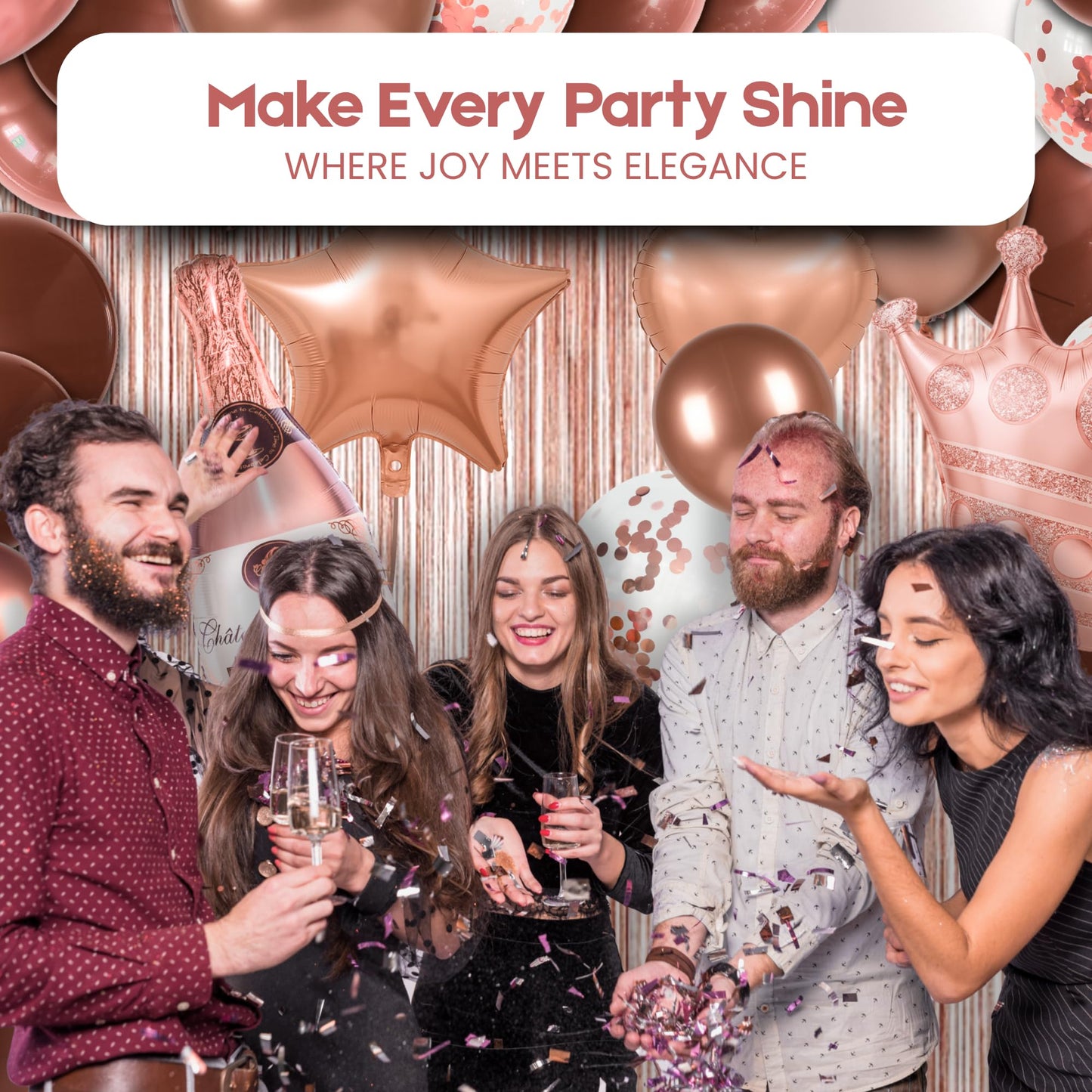 BURGANN Rose Gold Birthday Party Decorations Set, White Silver Gold Balloon Garland Kit with Banner, Crown, Champagne Bottle, Foil Backdrop