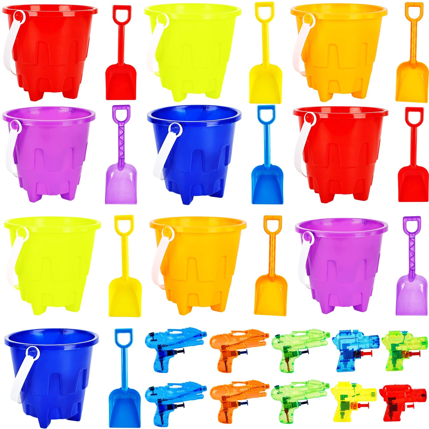 30 Pack Sand Castles 5 Inch Beach Buckets and Shovel Set Including 10 Plastic Buckets 10 Sand Shovel Sand Pail Bulk with10 Water Gun for Kids Summer Seaside Beach Pool Party