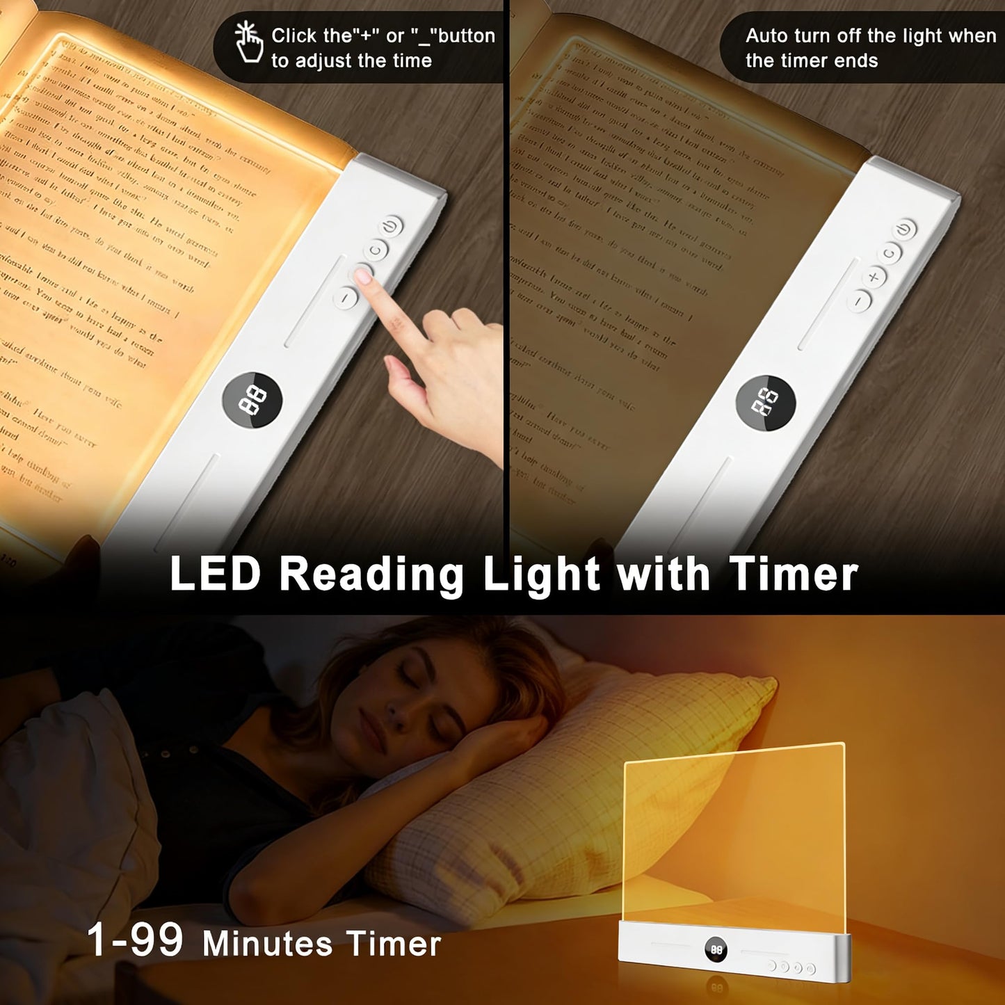 ECHBX Smart Flat Book Light, Rechargeable Clear LED Reading Light with 3 Colors & Timer, Dimmable Full Page Panel Plate Lamp, Kids Eye Protection for Night Reading in Bed